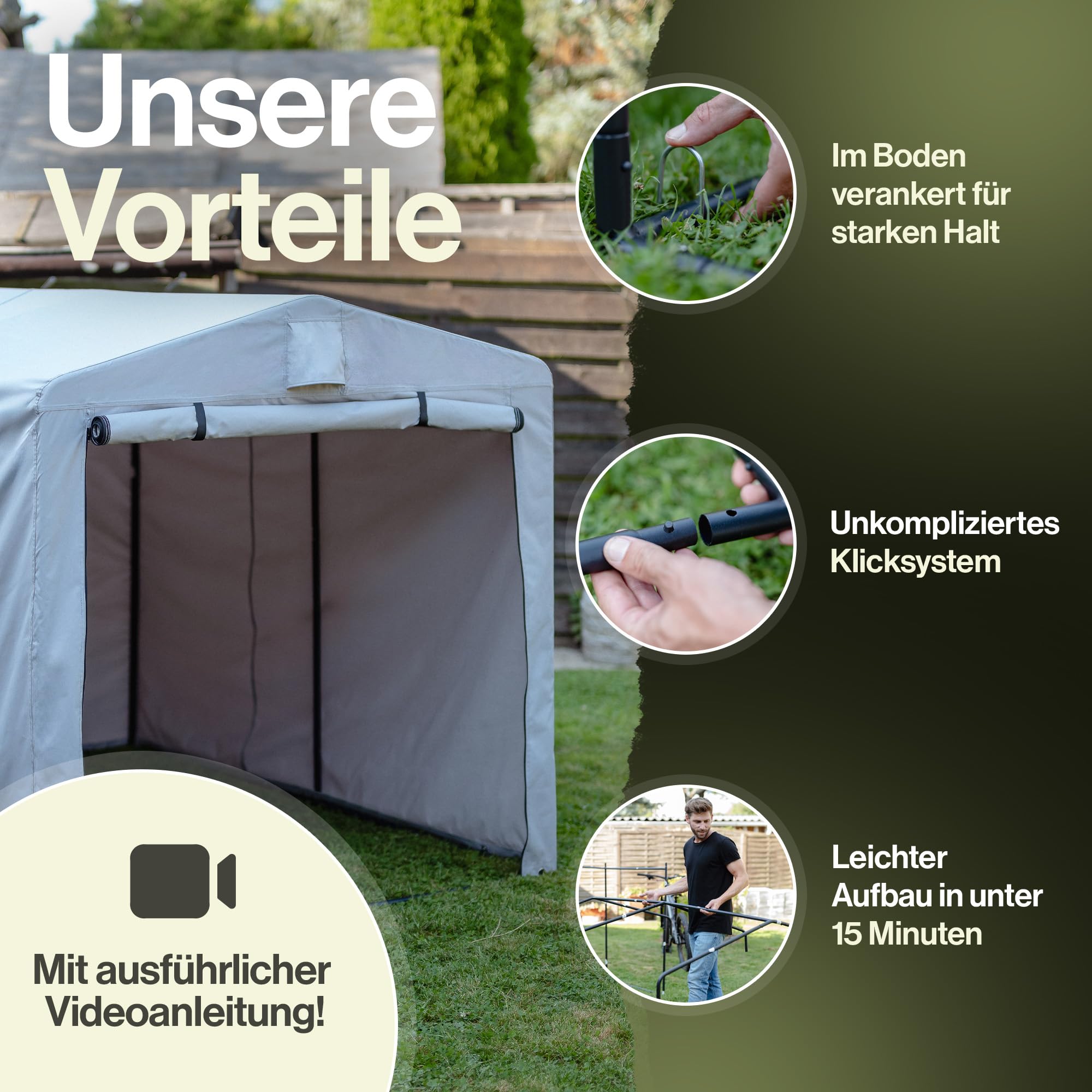 Fahrradgarage mit extra Tiefe für E-Bikes | 160x220x165cm Gerätehaus | Wasserdichtes 600D Oxford Gewebe mit PU Beschichtung, Wetterfest & Reißfest | Ideal für, Gartengeräte, Roller