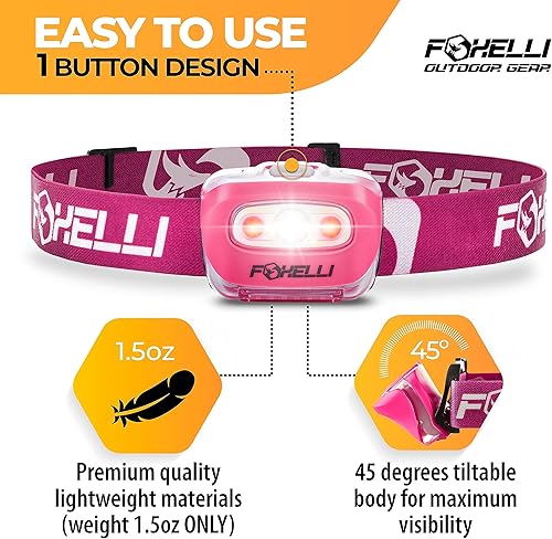 Miniatura 2 de Foxelli Linterna LED para adultos y niños, correr, campamento, senderismo con luz blanca y roja, faro ligero impermeable con diadema cómoda, 3 pilas