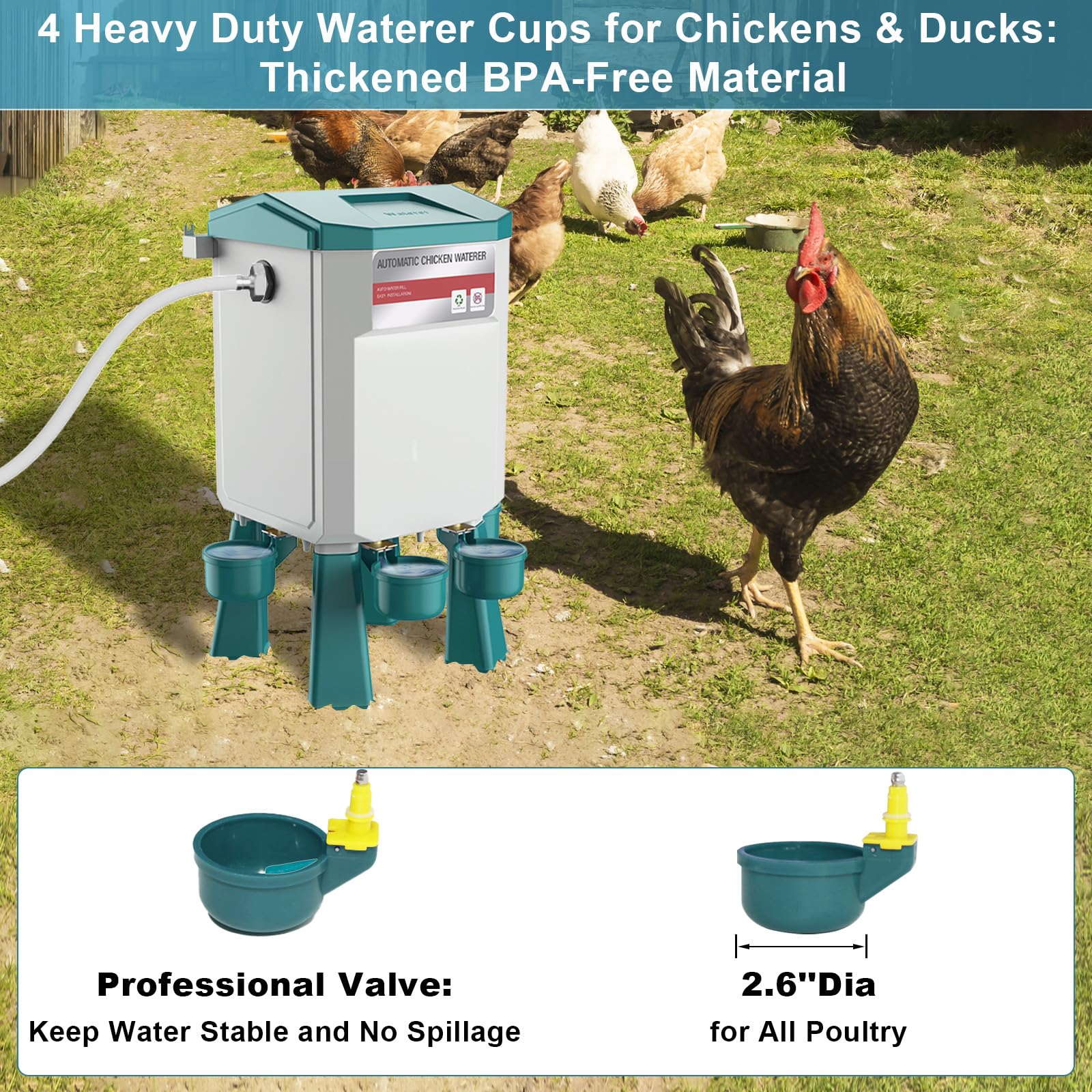 Bebedero automático de pollo, 2 galones, alimentador de agua para pollo controlado por flotador con 4 tazas de agua, manguera de 158.4 pulgadas con extremos de 3/4 pulgadas y 1/2 pulgadas, bebedero