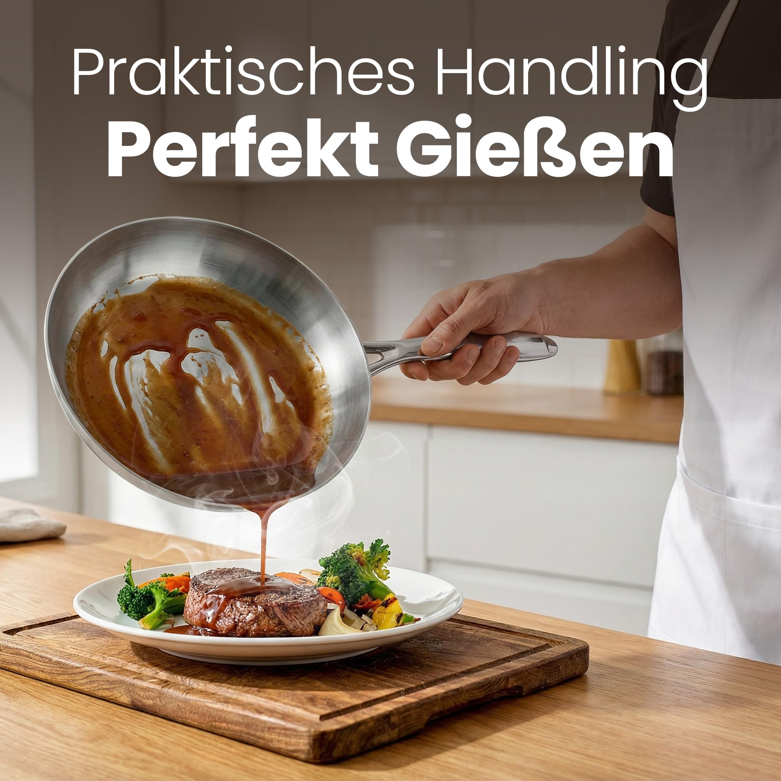 Edelstahlpfanne Unbeschichtet - Induktion - Profi Bratpfanne 24cm - Perfekt als Steakpfanne & Pastapfanne ohne Beschichtung - Brat- Universalpfanne frei von PFOA, PTFE & PFAS - Ofenfest