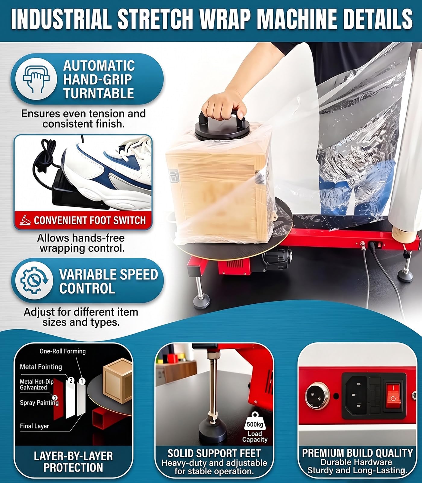 Envolvedora eléctrica de palés con Film Estirable 20cmFilm-220V | Herramienta automática de tensado y flejado con plataforma giratoria de 40 cm, para logística.