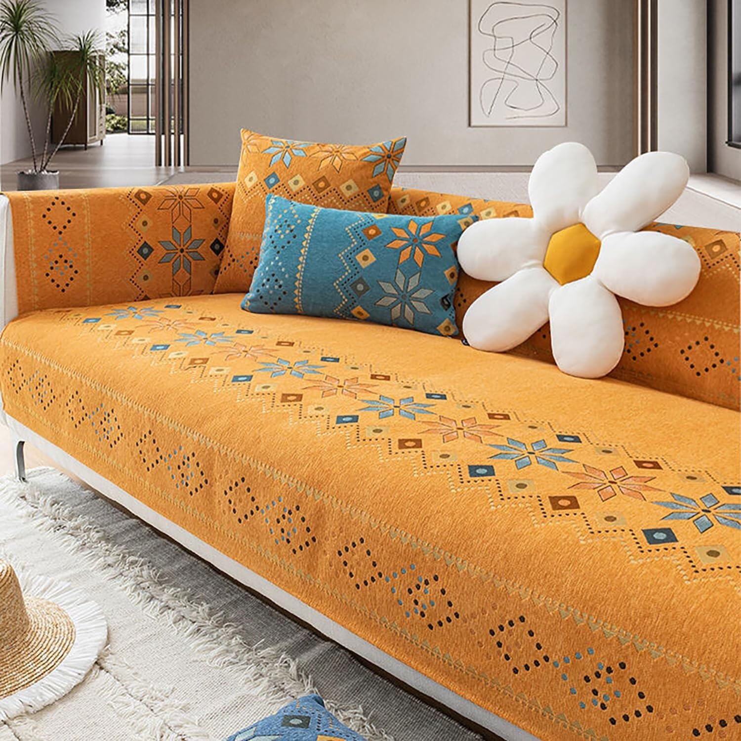Upgraded Couch Covers - Bohemian Style Couch Cover Sofa Cover Sofa Slipcover Non Slip Couch Slipcover Decorative Sofa Cover Furniture Protector Sofa Cover Blanket for Pets(Orange,70*150cm/27.6*59in)