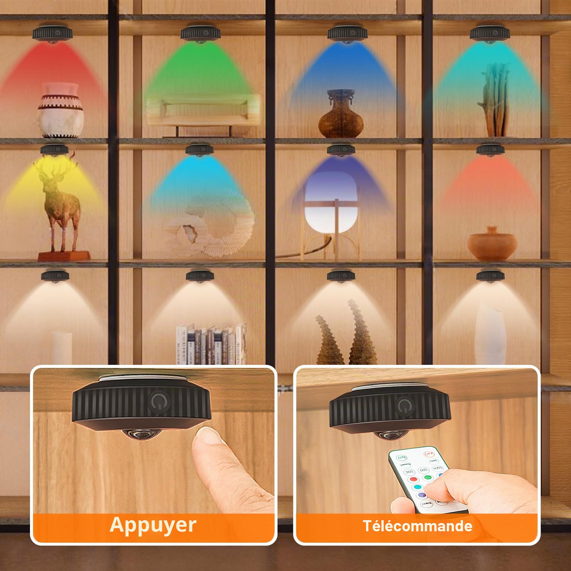 Zeadio Lampe d'armoire LED à contact avec télécommande, éclairage rechargeable pour la cuisine avec bouton-poussoir sur poussoir dimmable pour salon, chambre, cave, etc. (Pack de 6)