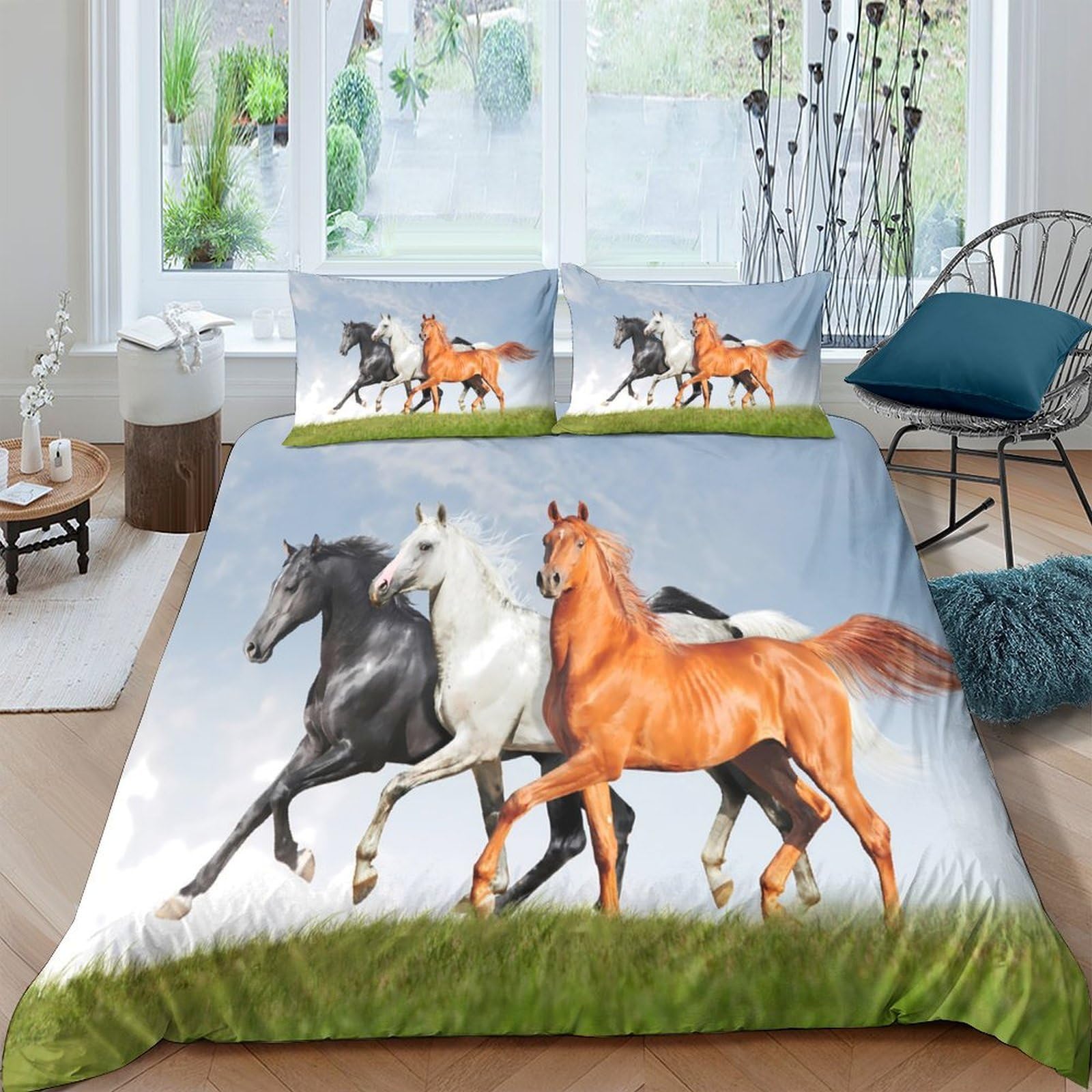 Ctjqhvkz Style-3 3D Printed Galloping Horses Fitted Sheet Microfiber Soft Breathable Wild Meadow Bed Cover For Bedroom Dorm Decor Single（135X200cm）