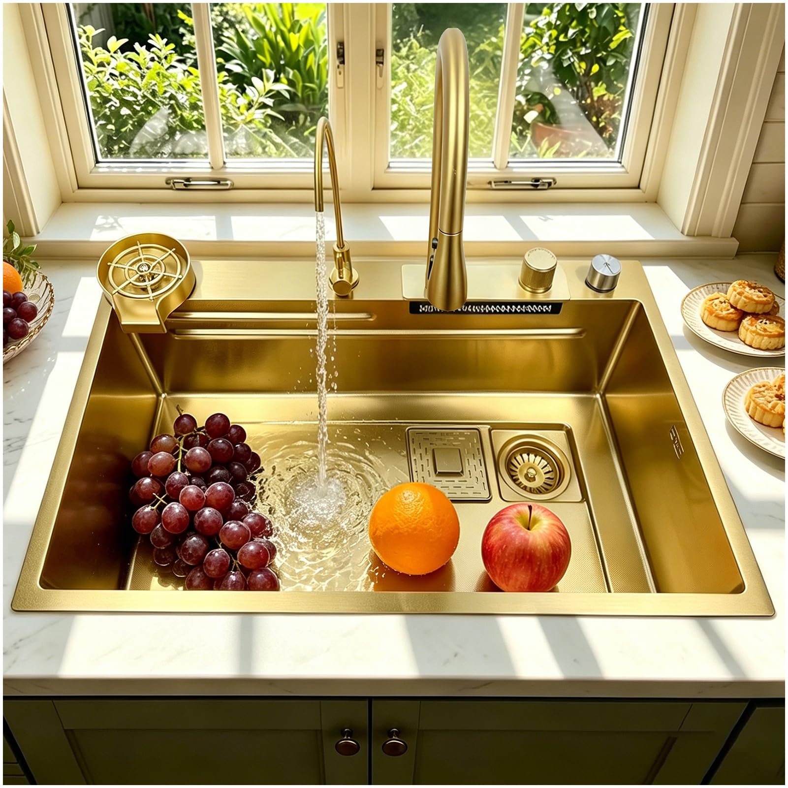 OMGMTSTORE 75x50cm Lavello da cucina a cascata, Lavello da cucina oro, Grande lavello 1 vasca, Lavello a cascata lavaggio con rubinetto estraibile, Dispenser di sapone, Lavapiatti per tazze, Colino
