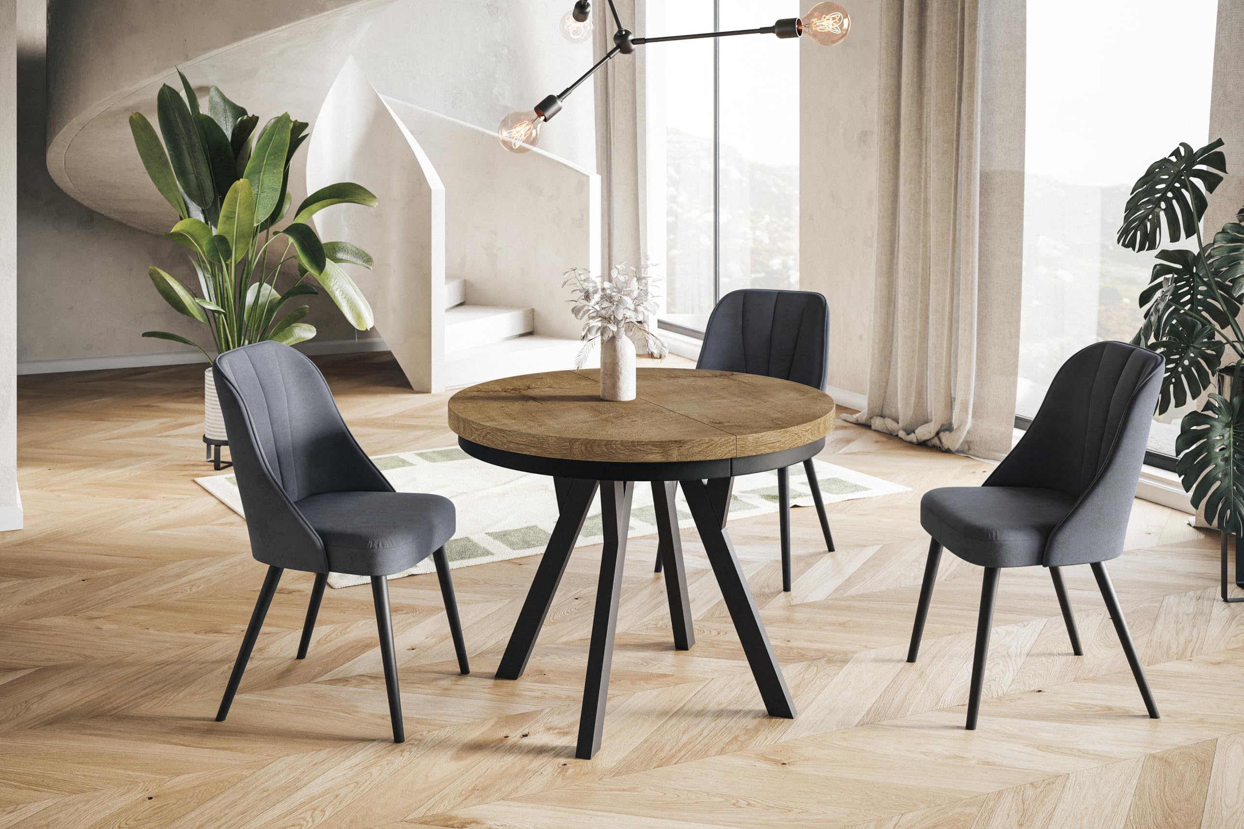 Table De Salle à Manger Ronde Extensible OVO - Diamètre De 100 à 200 Cm - Pieds En Bois Noir - Design Moderne