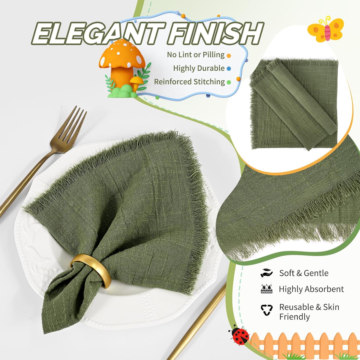 Showgeous 60 Pack Olive Green Cloth Napkins with Fringe 16x16 inch 100% Cotton Green Napkins Handmade Dinner Napkins Bulk Washable Soft Rustic Table Napkins for Wedding Parties Bridal Baby Shower