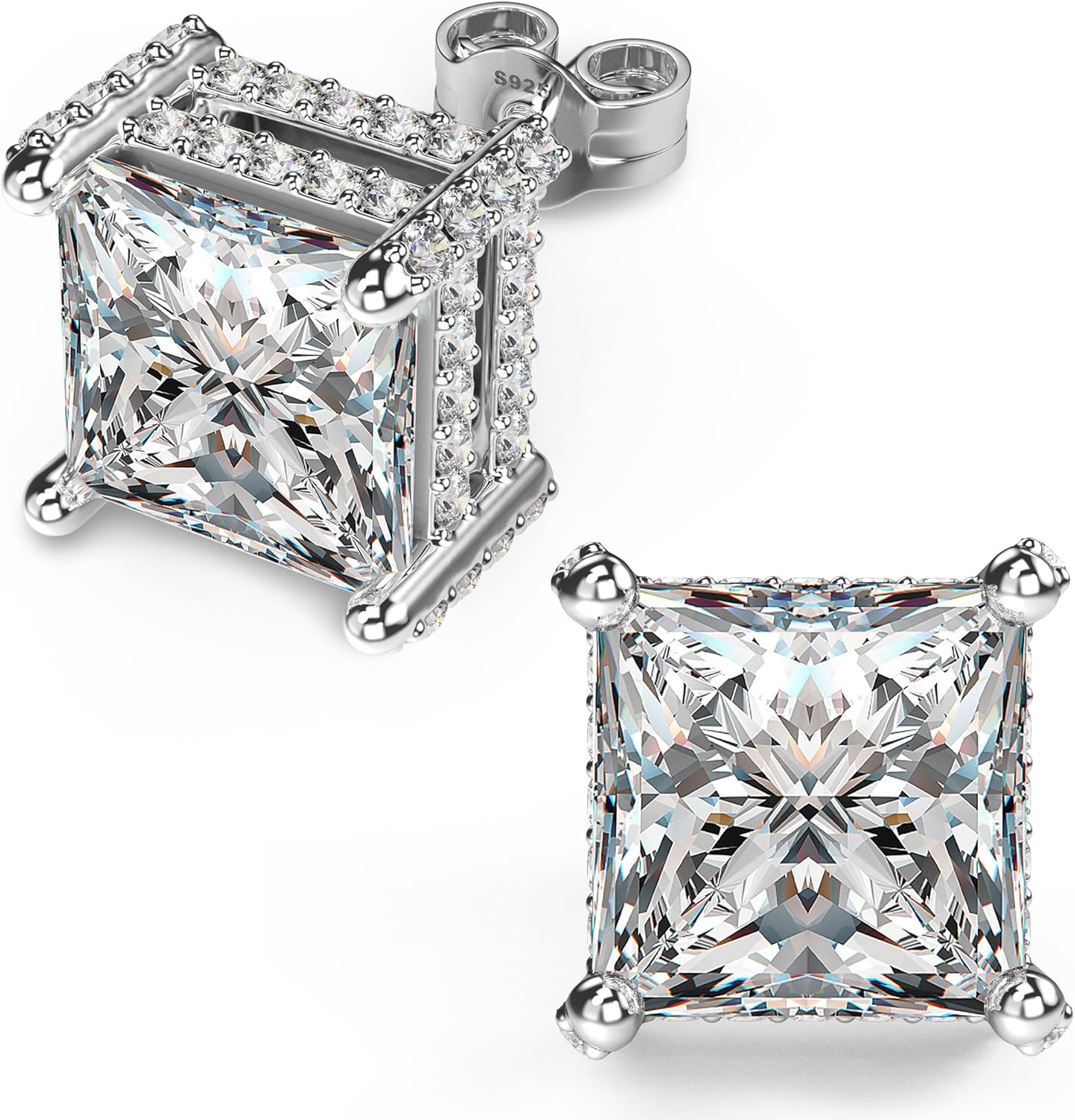 18K White Gold Plated Sterling Silver Pave Square Cubic Zirconia Stud Earrings 4 Prong Princess Cut CZ Simulated Diamond Stud Earrings for Men Women Hypoallergenic