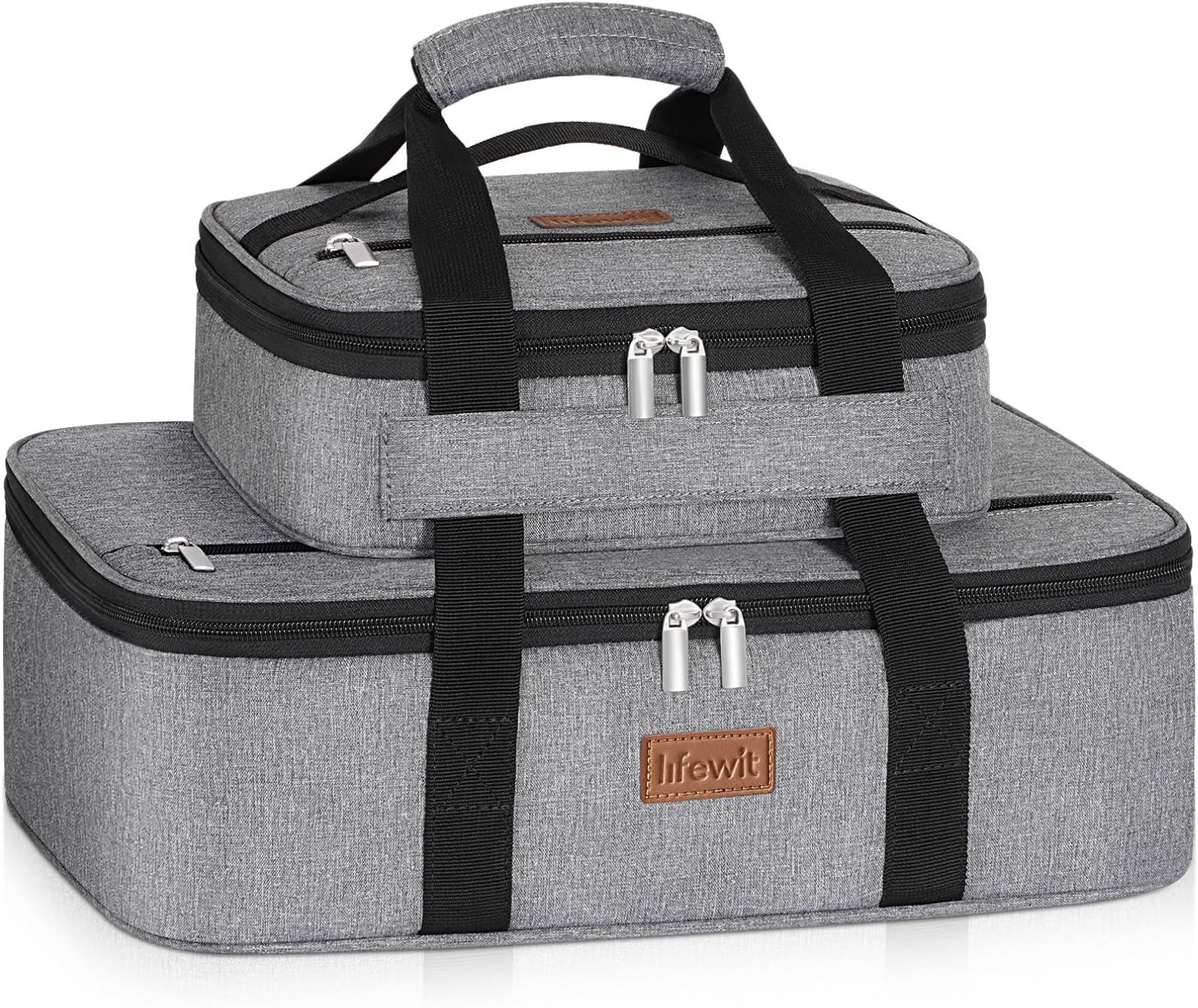 Duo Insulated Casserole Carrier for Hot or Cold Food, Lasagna Holder 2 Compartments, Thermal Lunch Tote for Potluck Parties Cookouts, Fits 9"x13" Casserole Dish, Gray