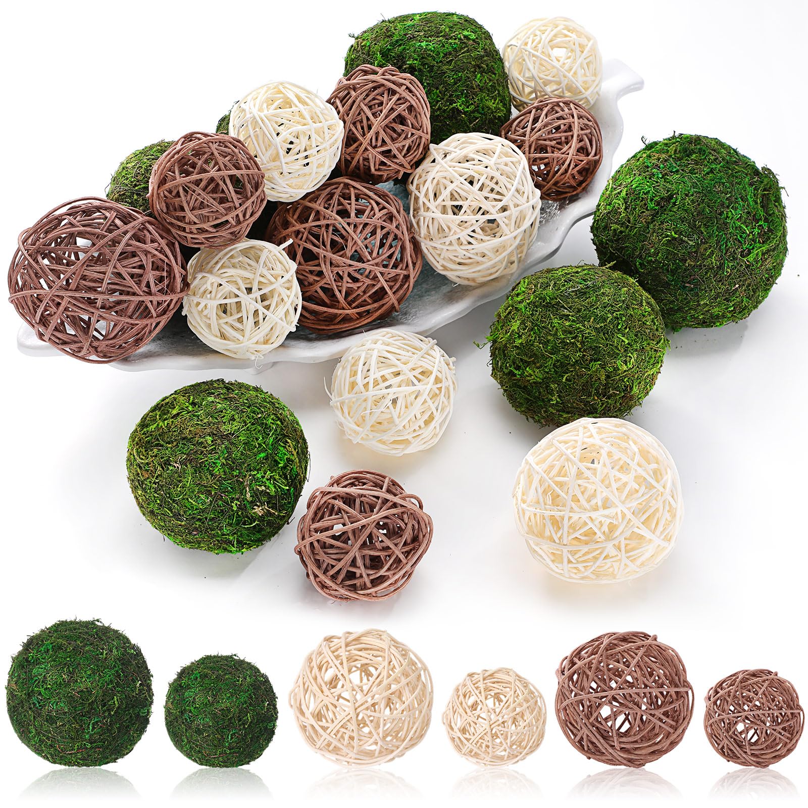 Jetec 18 Pcs Decorative Balls for Centerpiece Bowls Green Moss Balls Wicker Rattan Cord Decorative Bowl Fillers for Garden Vase Home Party Table