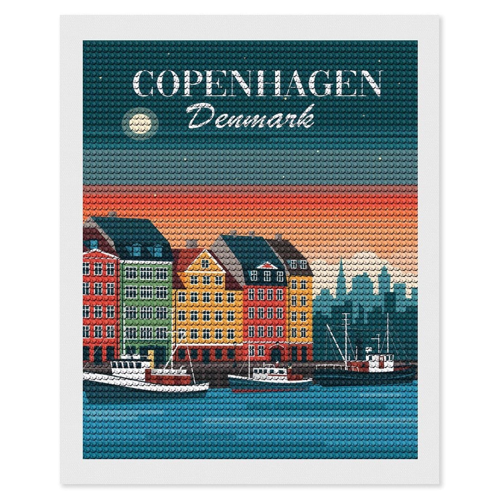 Junmoney Copenhagen Denmark Skyline Diamond Painting Set 16"x20", Arts and Crafts, Wall Art Gift, Full Kit Included, Relaxing Handmade Project