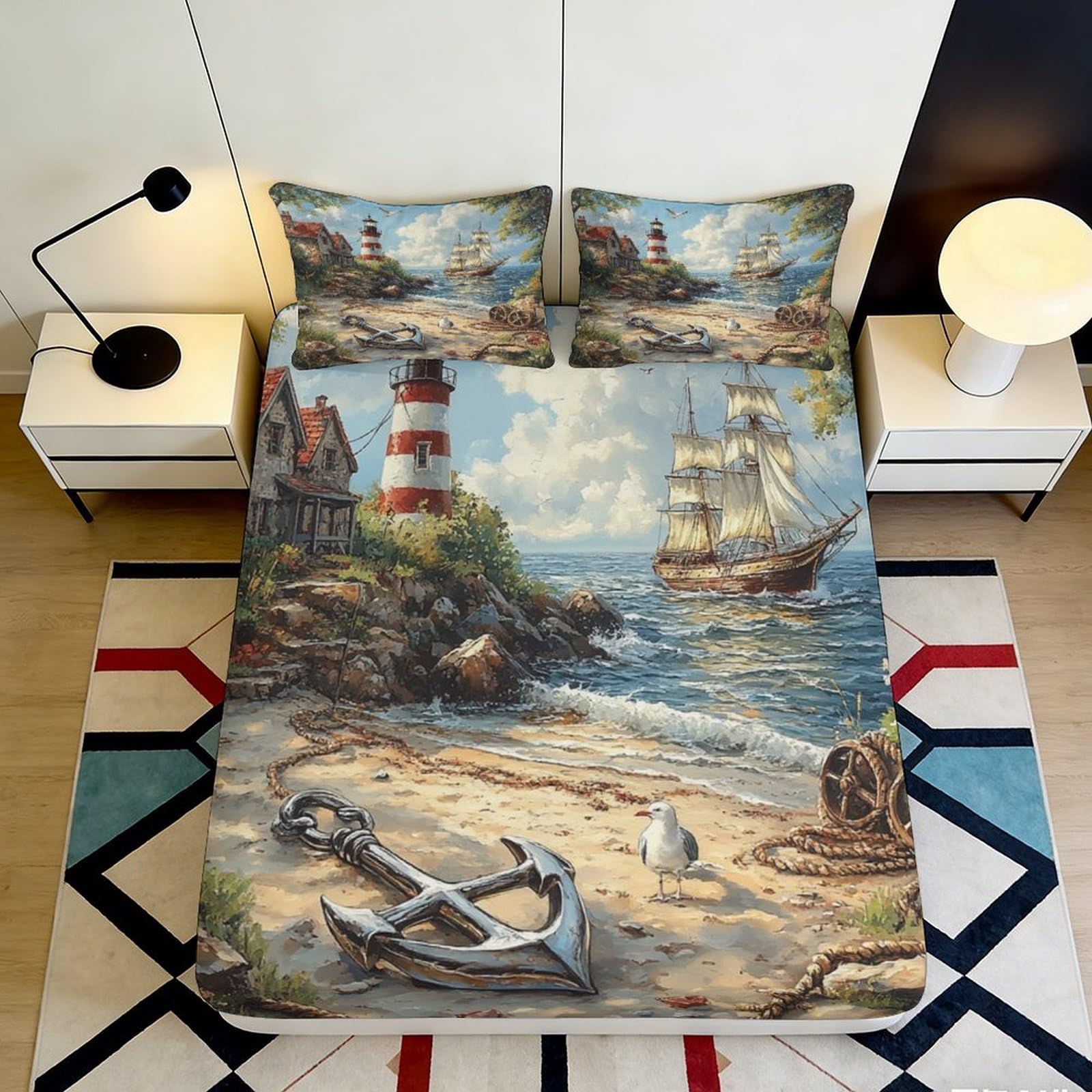 3D Printed Seaside Lighthouse Fitted Sheet Microfiber Soft Ship Beach Mattress Cover for Bedroom Guest Room Decor 90x200x25cm