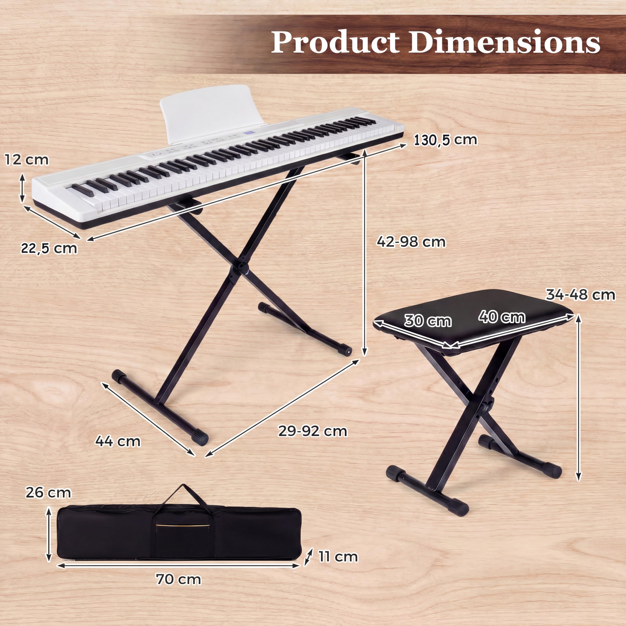 KOMFOTTEU Piano Numérique 88 Touches avec Support réglable & Tabouret, Touches lumineuses, Clavier de Pianos Électroniques avec Casque, Pédale et Pupitre, Piano Électronique, Sac de Transport (Blanc)