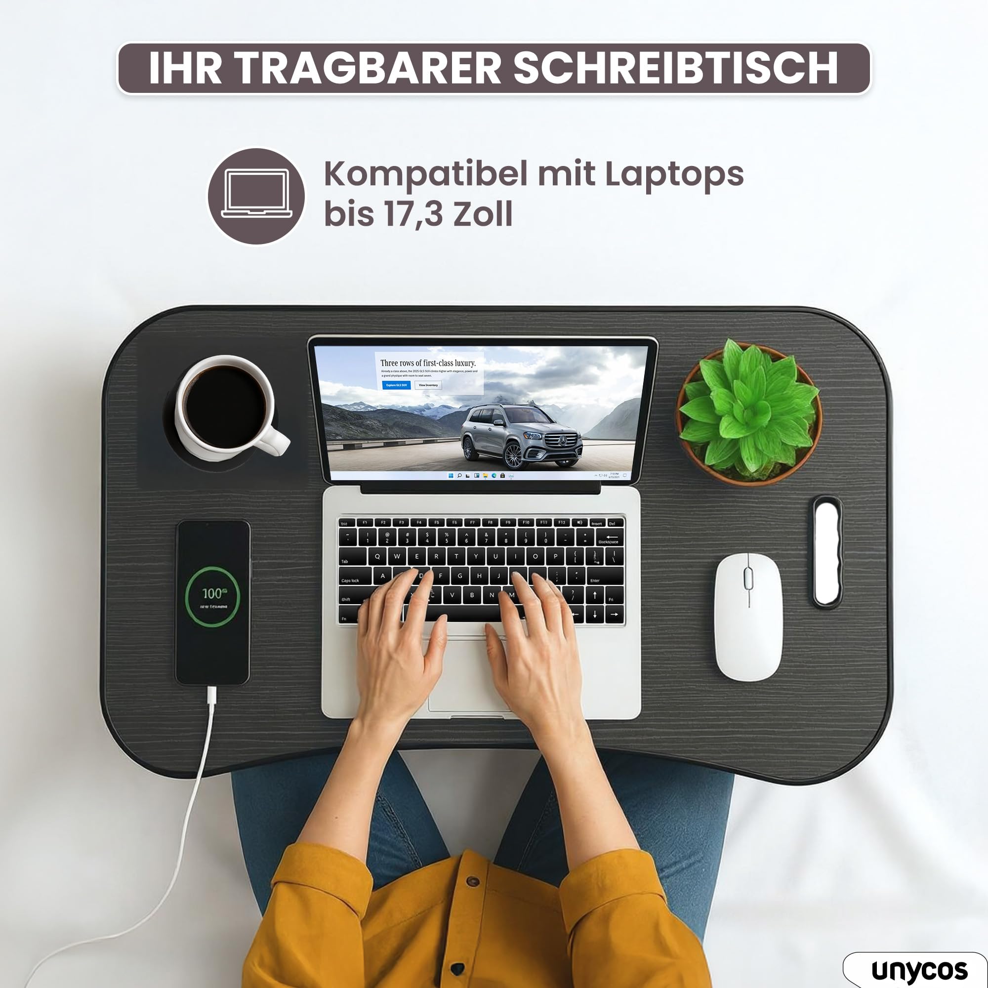 unycos - Betttablett Klappbar, Frühstückstablett mit Griff und Getränkehalter, Serviertisch, Ideal für Lesen und Arbeiten, Auch als Lapdesk Verwendbar 60x40x26 cm (Schwarz Neu ohne Schublade)
