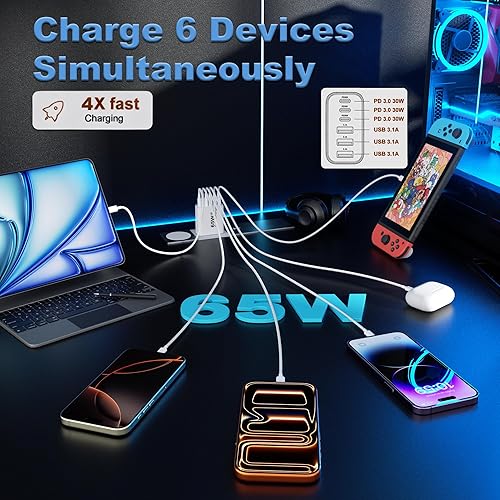 Miniatura 2 de Bloque de cargador USB C, paquete de 2 cargadores de pared USB C de 65 W, 6 puertos, cargador para iPhone, adaptador de corriente PD de carga