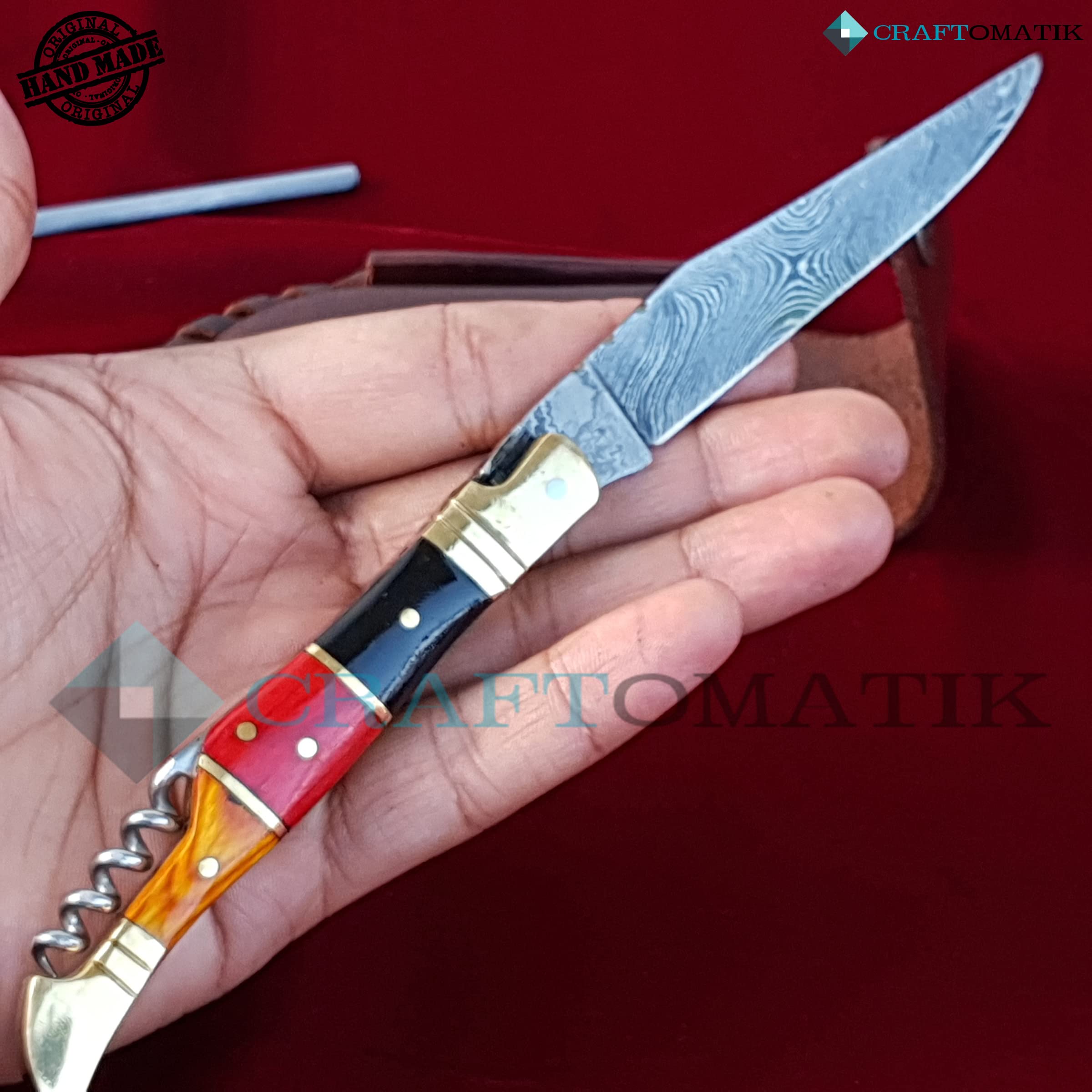Damast Stahl Taschenmesser | Klappmesser Laguiole | Deutsche Flagge, Holz und Messing Griff mit Korkenzieher | Handgefertigt Outdoor Damastmesser Camping Messer | FK26