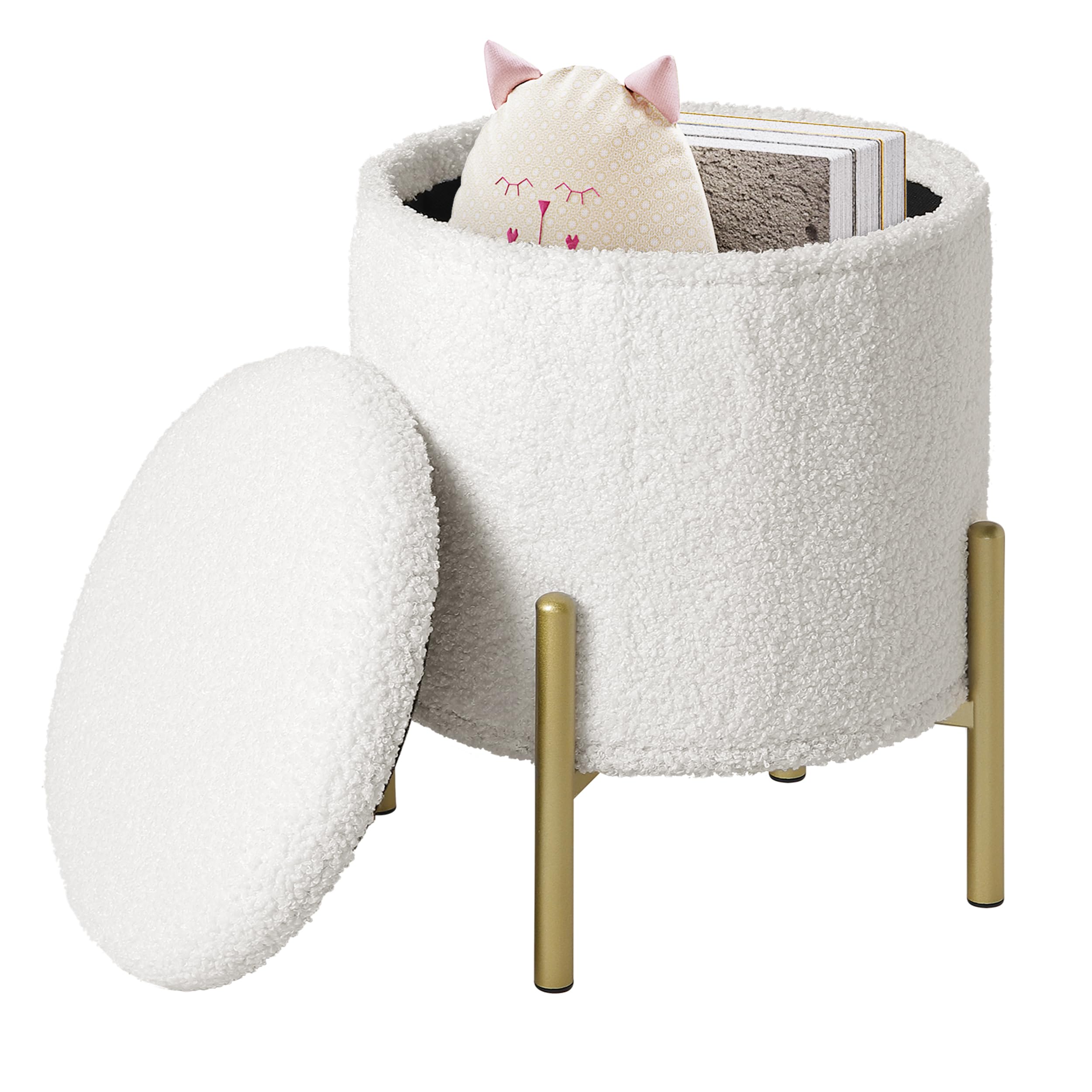 Bsketa Pouf Pieghevole Rotondo 38 Cm - Poggiapiedi In Pelle Bianca Con Contenitore