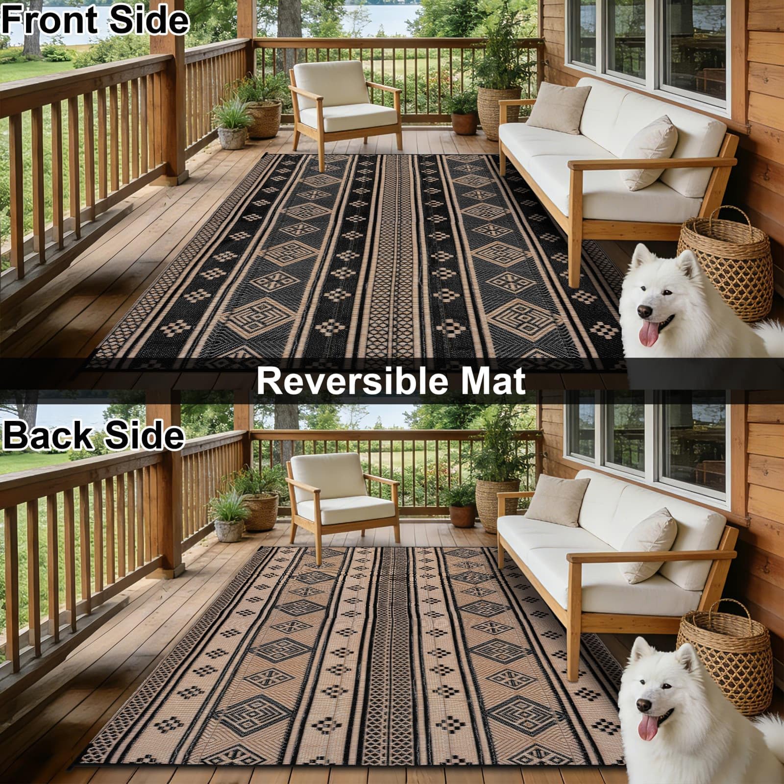 SHACOS Tapis extérieur réversible imperméable, résistant UV, pliable, balcon, terrasse, camping, plage, 180x270 cm, noir