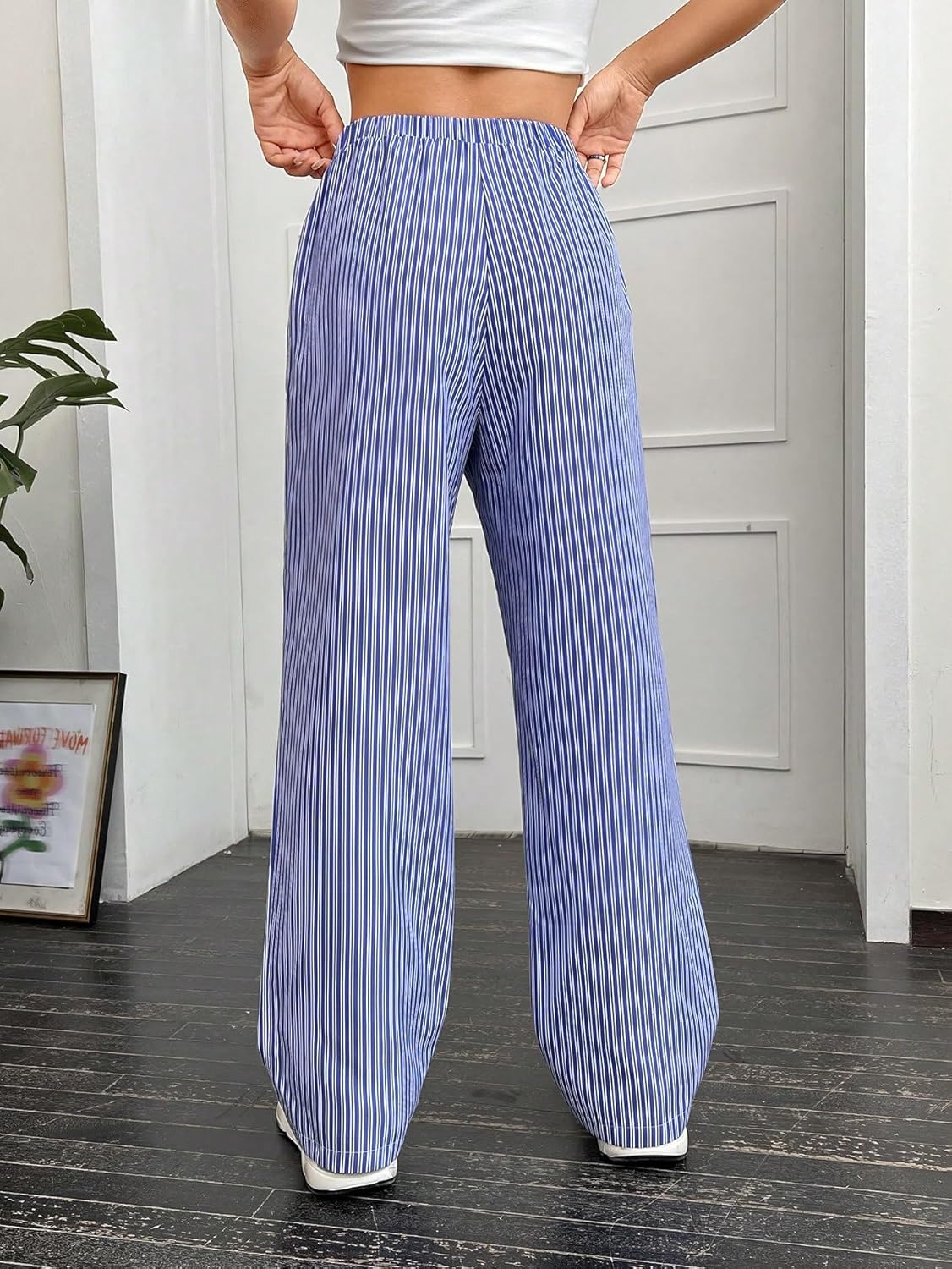 OYOANGLE Women's Straight Wide Leg Trousers Striped Print Letter Patched Detail High Waist Y2K Fashion Pants - Image 2
