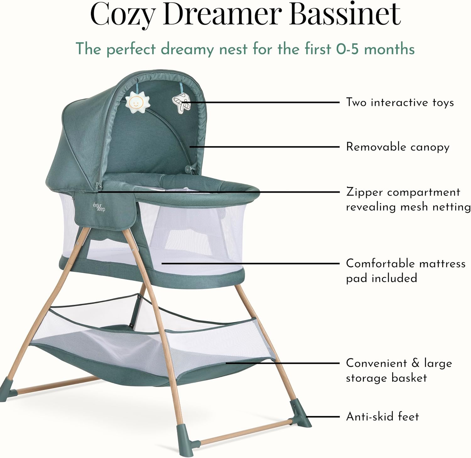 Evolur Cozy Dreamer Bassinet – Portable Baby Bassinet with Canopy, High-Density Mesh Over & Comfort Toys, Foldable Lightweight Travel Bassinet for Newborn – Green