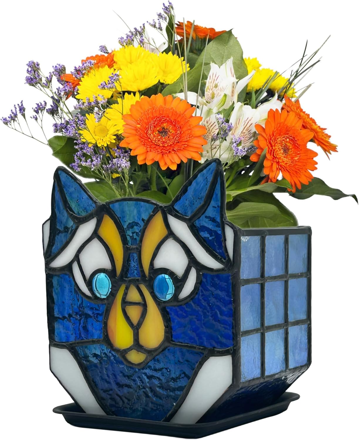 Tiffany Cute Cat Stained Glass Flower Pots,Indoor and Outdoor Plant Displays,Cat Plant Planter,Candle Holder Container Decoration 4.6 x 5.15 x 2.3 inch(11.7 x 13.1 x 5.8 CM)(Without Succulents)Black