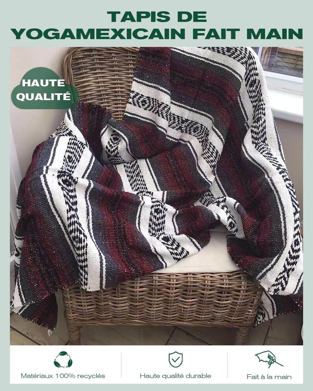 Couverture tricotée mexicaine à main pour canapé, jeté pour méditation, yogamatte, Boho pour camping en plein air, pique-nique, couverture de festival (Bleu)