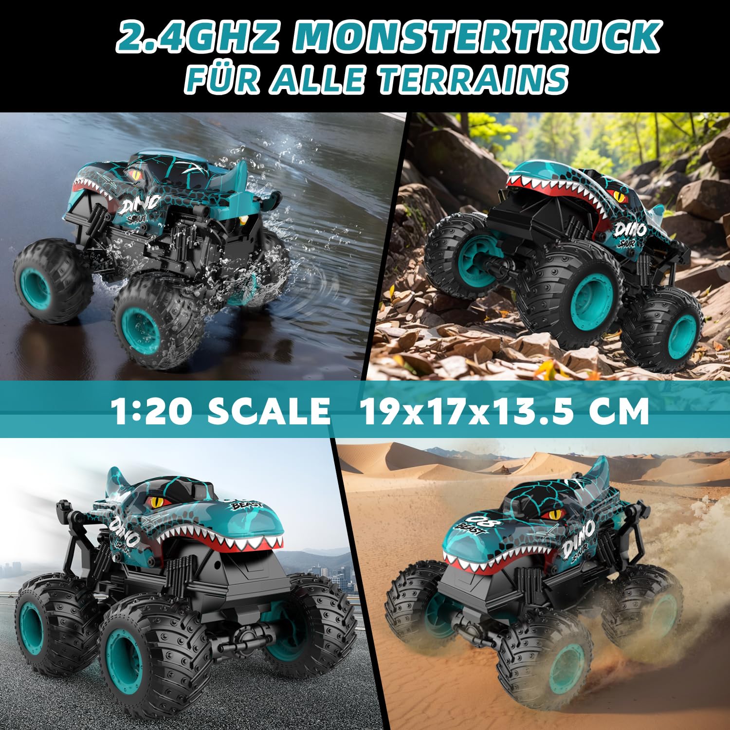 Ferngesteuertes Auto 2,4GHz RC Monstertruck 1:20 20 km/h 360° Drehung LED-Licht Dinosaurier Spielzeug ab 3 Jahre Jungen Mädchen