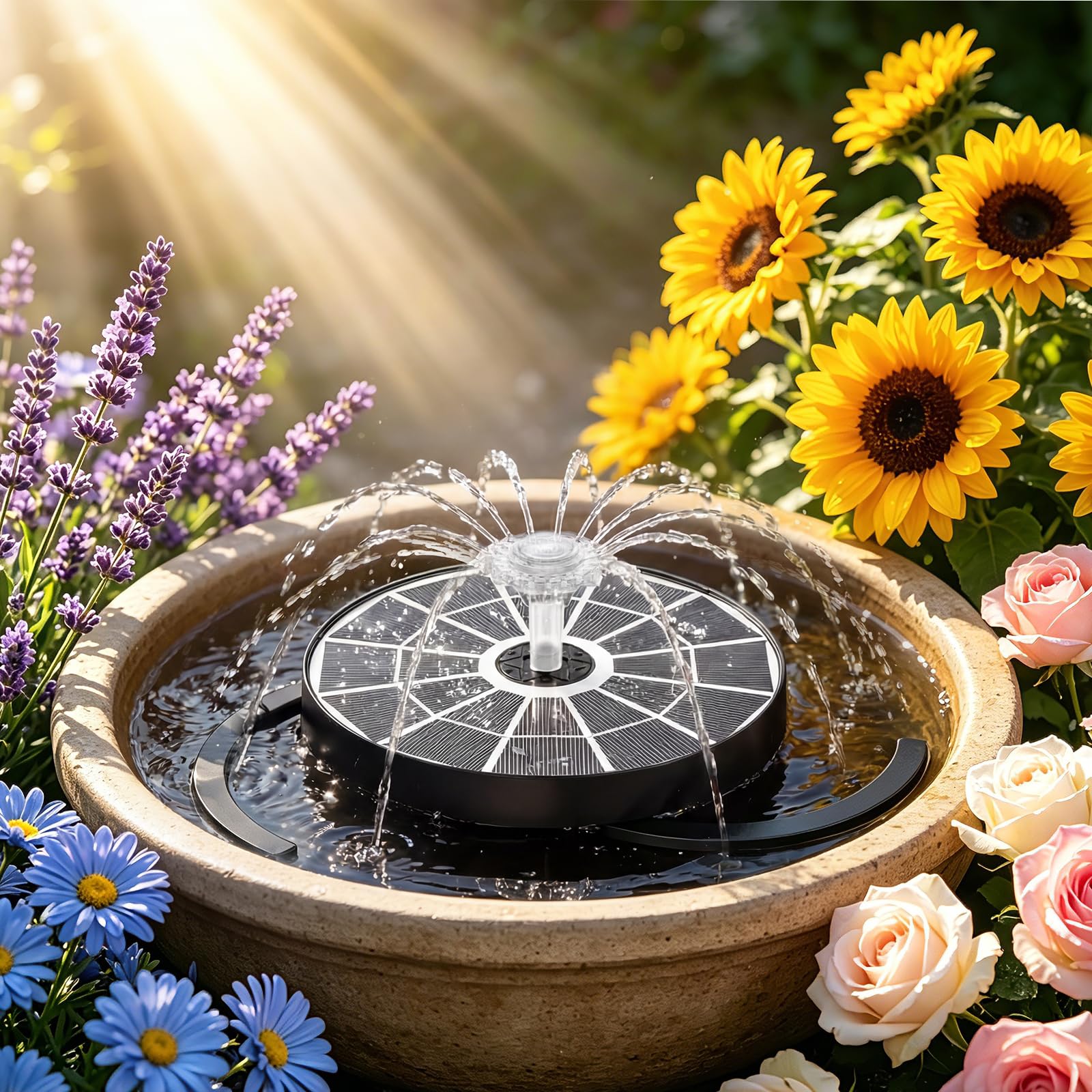 AISITIN Fuente solar para exterior mejorada, 3,7 W, para exteriores, con 4 efectos de pulverización, bomba solar flotante para estanque, bomba de fuente flotante para jardín, baño de pájaros, estanque