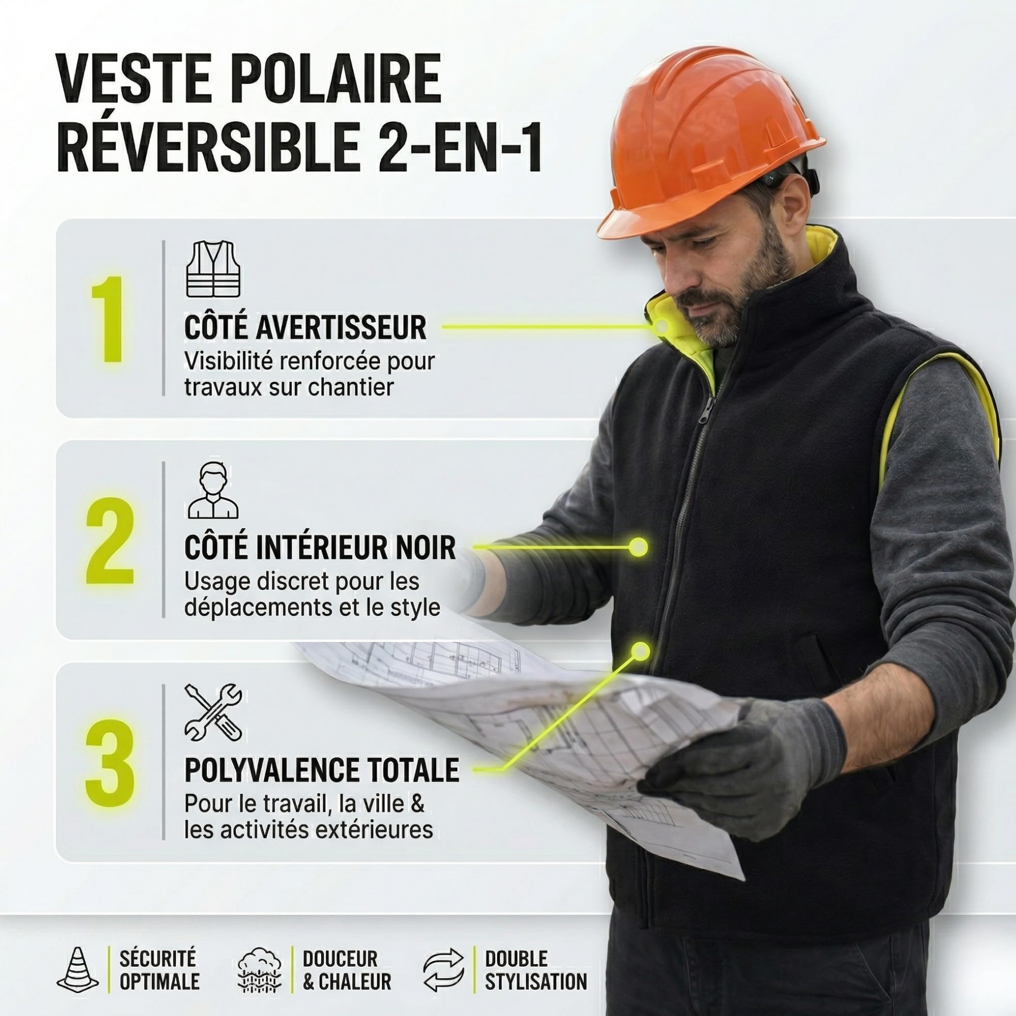NEO TOOLS Gilet de Sécurité Professionnel 2en1 en Polaire, Coupe-vent et Imperméable ou ensemble avec Pantalon Imperméable - Taille. S-3XL pour Hommes | Réversibles, Réfléchissants d'un Côté