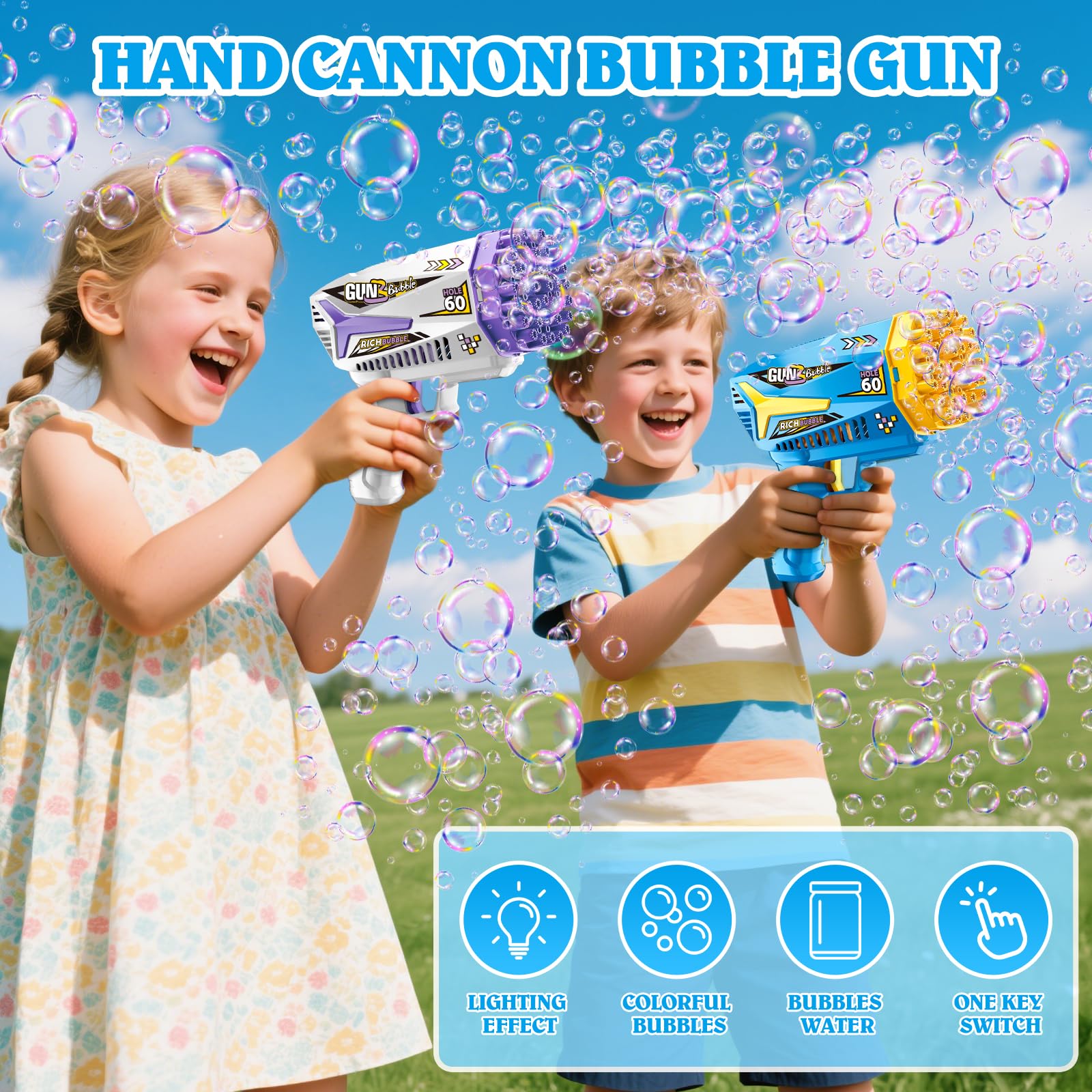 GMUFTIR Pistola de Burbujas, 2 Piezas Máquina Automática Pompas de Jabón, con 4 Botellas de solución, 10 Packs Solución de Recarga de Burbujas, para Niños, Adultos, Juguete de Verano — view 7