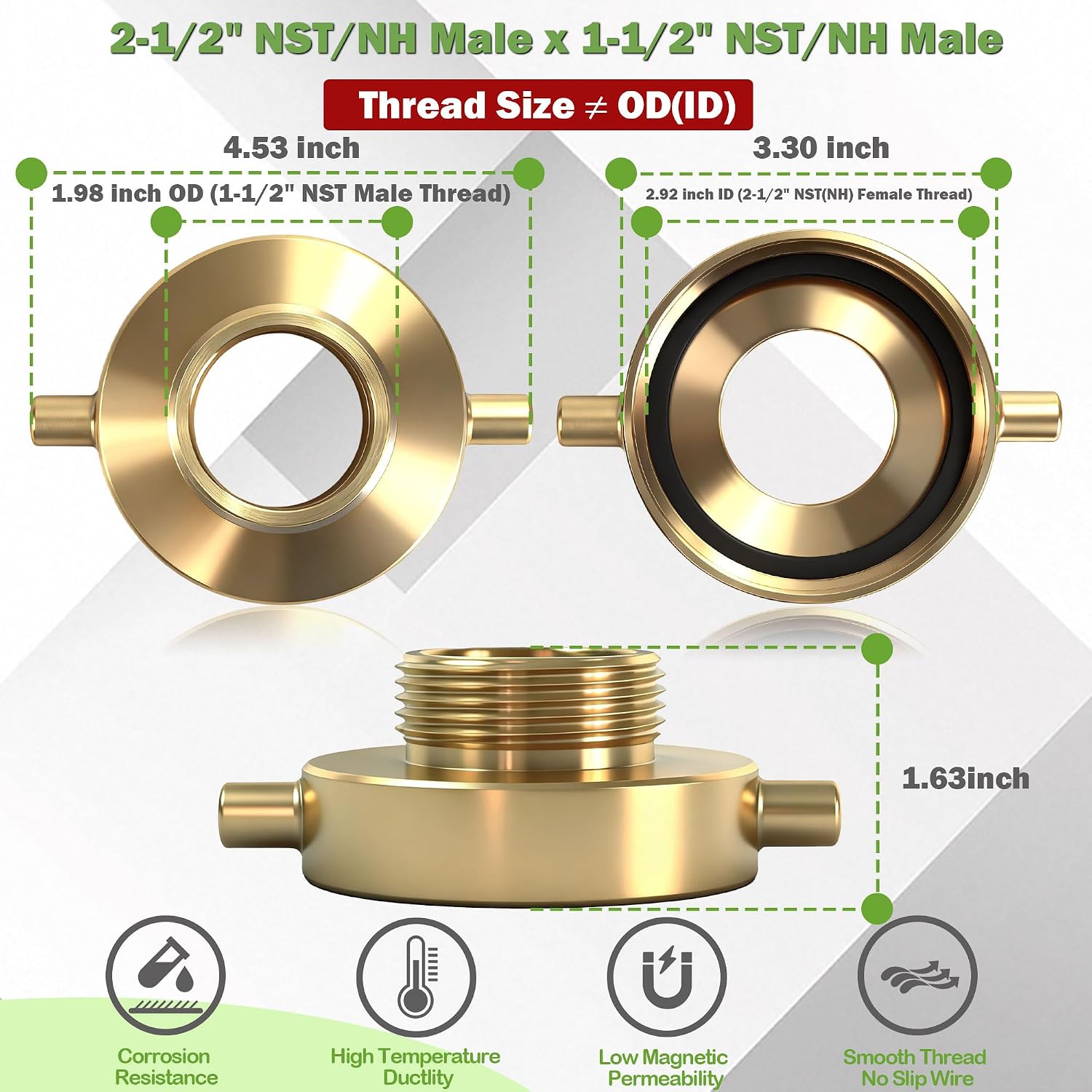 2-1/2" Female x 1-1/2" Male NST (NH) Fire Hydrant Adapter | Brass Fire Hydrant Hose Adapter with Pin Lug Fire Equipment