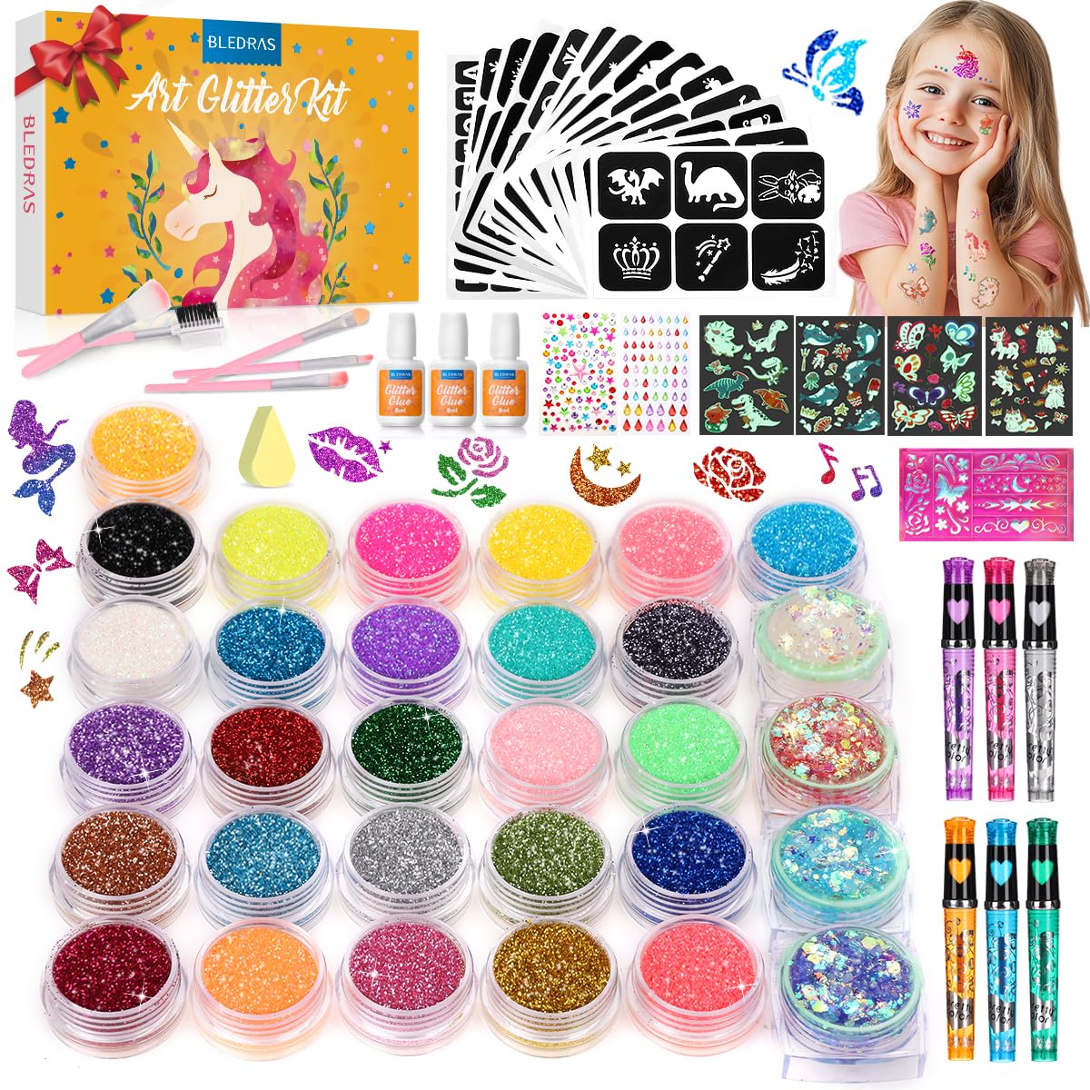 Bledras Kit de Tatuajes Temporales para Niñas, 31 Colores Brillo, 6 Rotuladores Tatuajes Niños, con 178 Plantillas, Halloween, Anime, Cosplay, Conciertos, Festivales, Carnaval, Pintura Facial