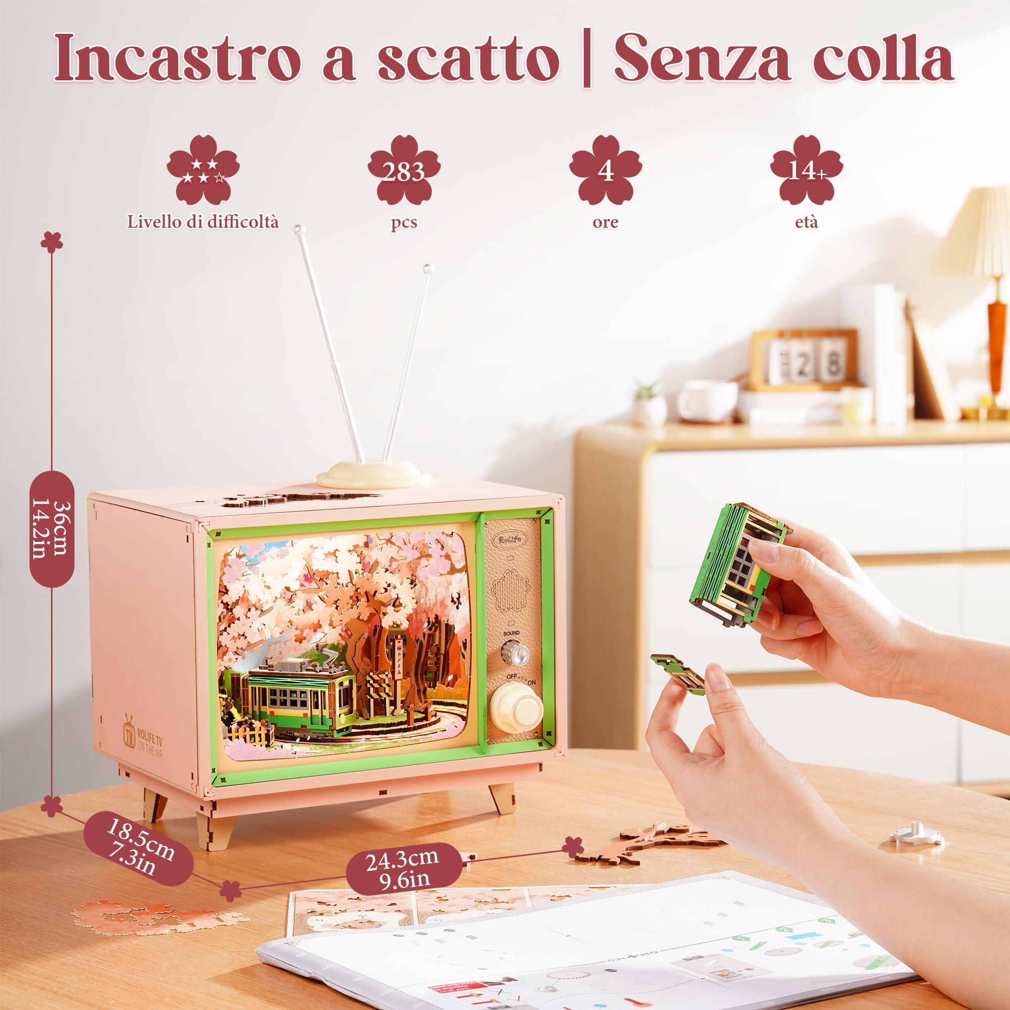 Rolife Puzzle 3D Anime Sakura Tram Decor TV, Puzzle Legno 283 pezzi – Modellino da Costruire con Tram Mobile & LED, Scena cherry blossom, Regalo per Costruire Modellini & Casa