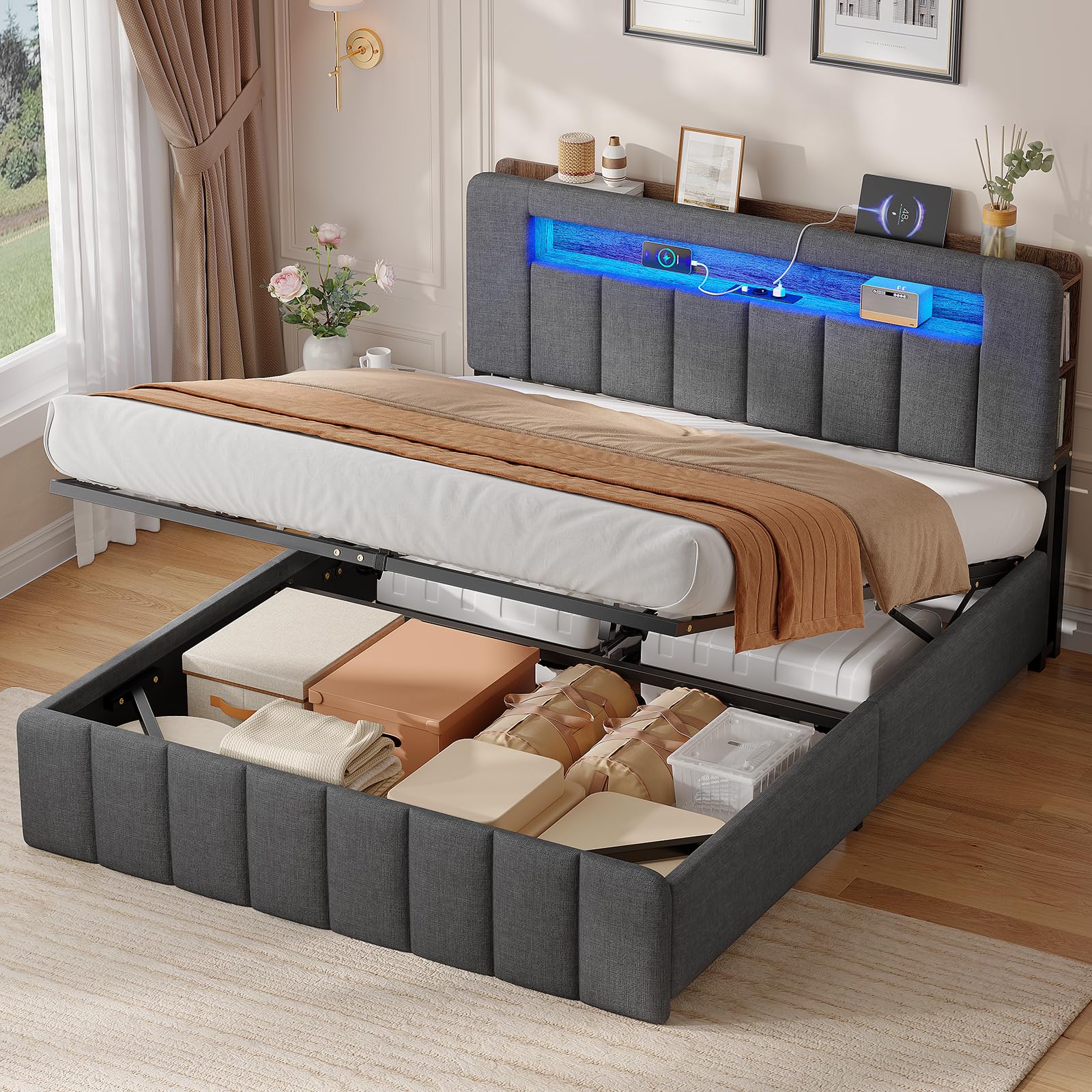 AGOLLATI Letto Matrimoniale con Contenitore 140x200 Struttura Letto matrimoniale con LED e Stazione di Ricarica, Letto Contenitore Idraulico Struttura Letto Imbottito con Testiera Lino Grigio Scuro