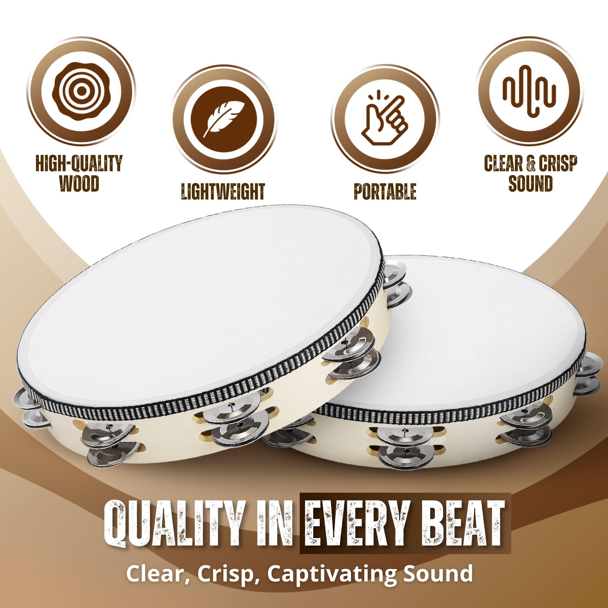 Flexzion Wood Handheld Tambourine for Adults 10-Inch Double Row 8-Pair Jingles (Wood) - Image 3