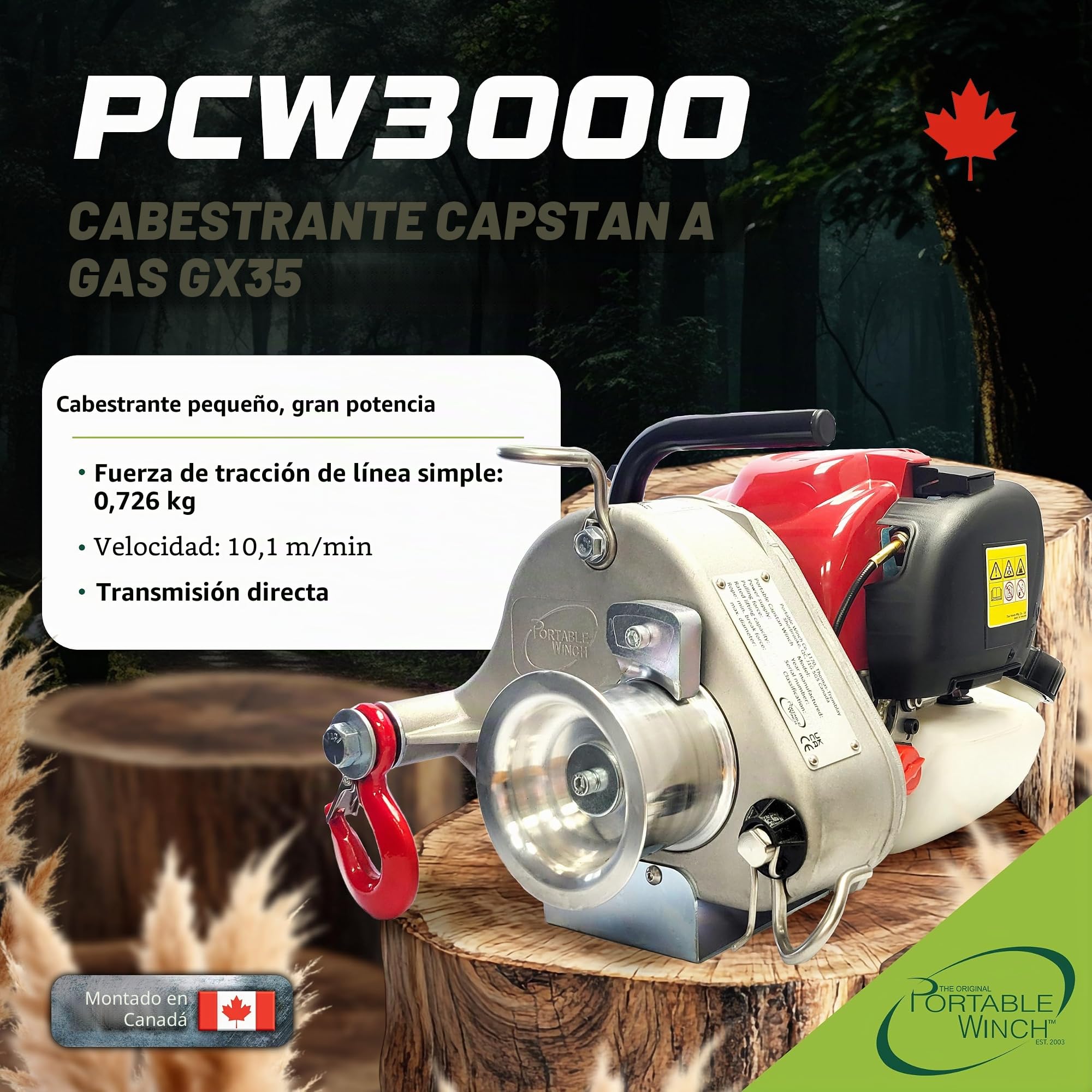Portable Winch PCW3000-A Cabrestante a gas con accesorios, capacidad de tracción de 1.500 libras, motor Honda GX35