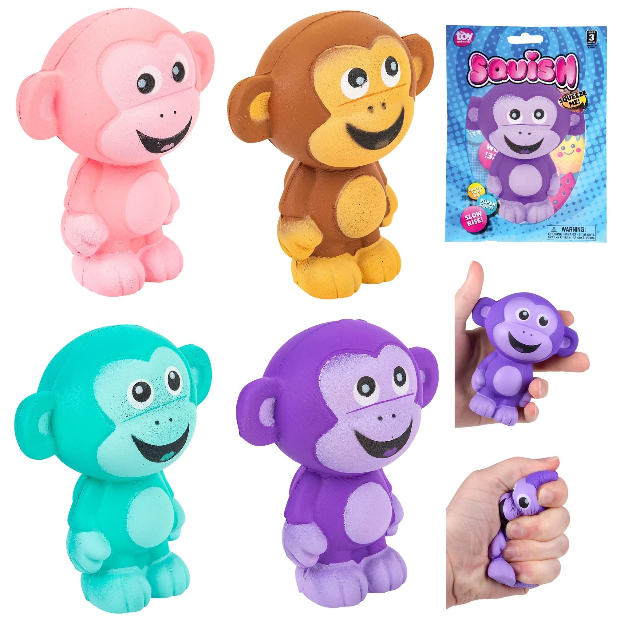 4" Squish Monkey (2 Random of 4 Colors - Purple, Pink, Green and Brown) Great Stress Relief Ball Exercise Fidget Toy ADHD Anxiety Autism (2 Pack)