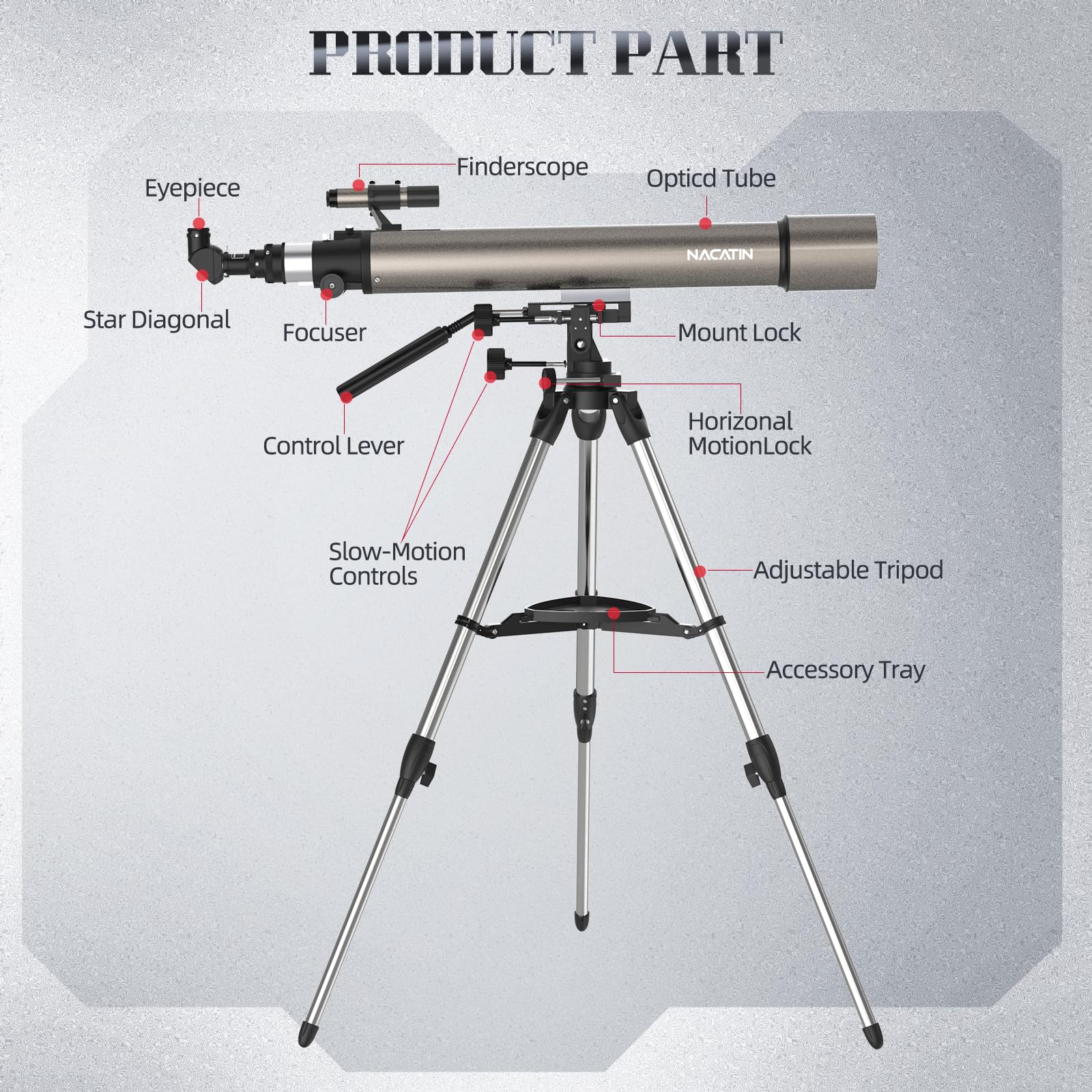 Télescope Astronomique NACATIN pour Adultes et Enfants, 102mm d'Ouverture et 900mm de Distance Focale avec Contrôles Slow-Motion, 4 Oculaires et Trépied INOX