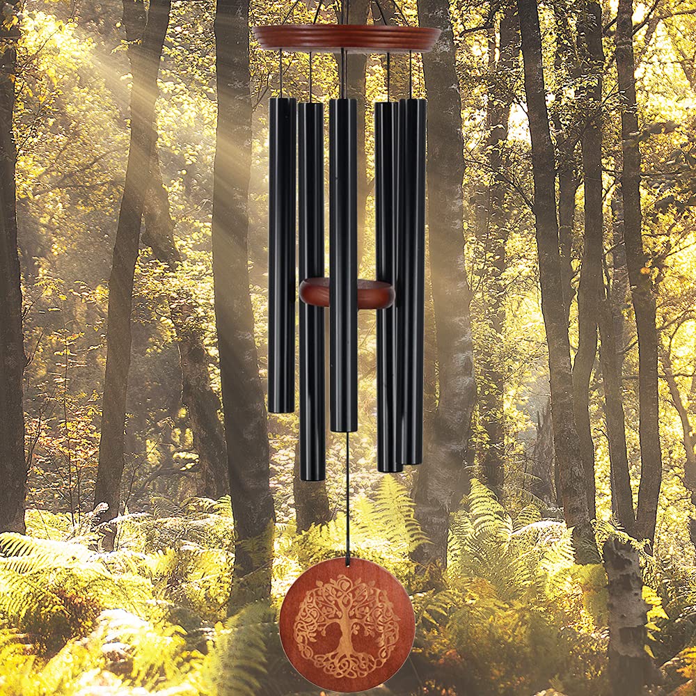 Windspiel, für den Außenbereich, tiefer Ton, 91.4 cm, großes Gedenk-Windspiel für den Verlust eines geliebten Menschen, Gravur, Baum des Lebens, Geschenk für Mutter, Garten, Hängedekoration, Schwarz