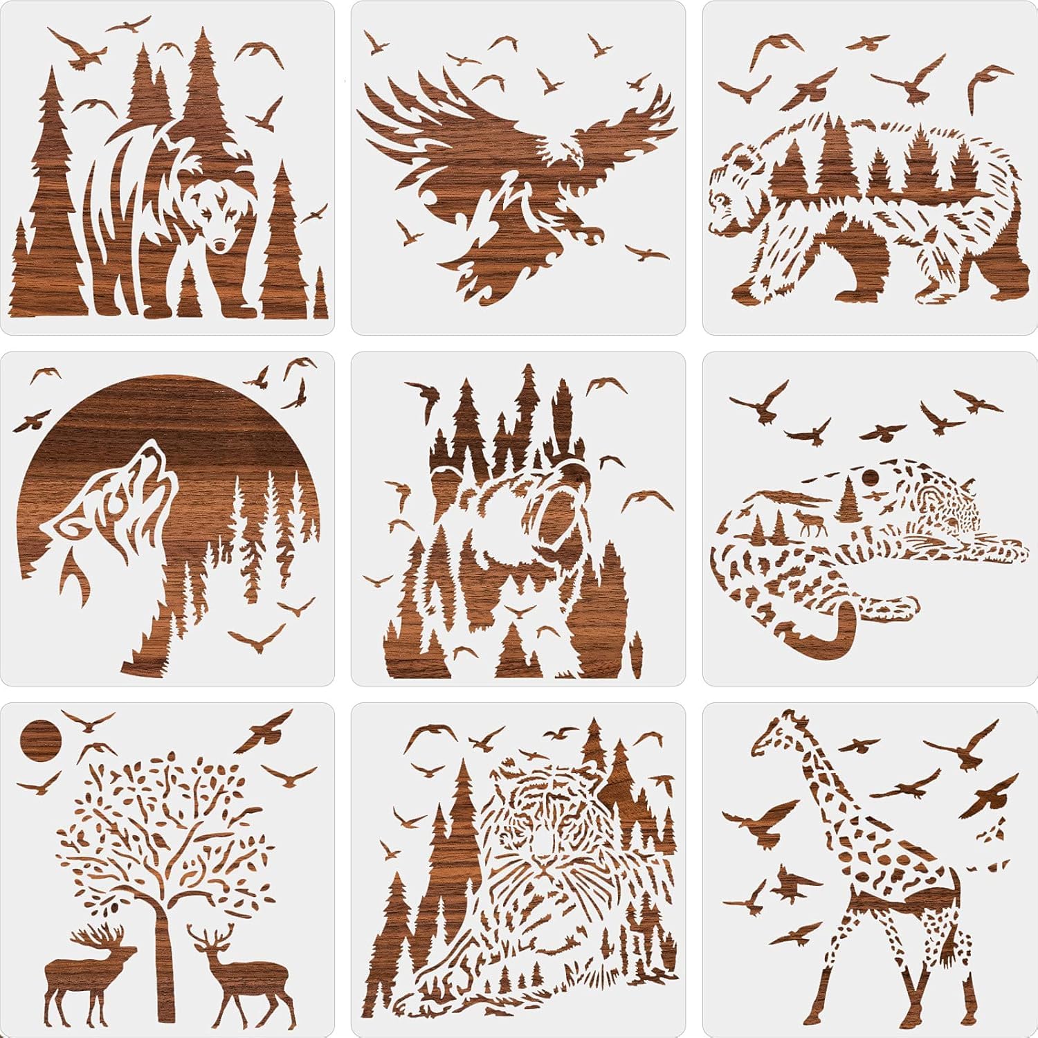 Devasya Crafts 9 Pieces Animal Art Picture Drawing Stencils Reusable with Drawing Wax Paper, Animal Polyester Film Template for DIY Art Creation, Home Decor, Wall, Clothing, Wood, 7.87 * 7.87 inch