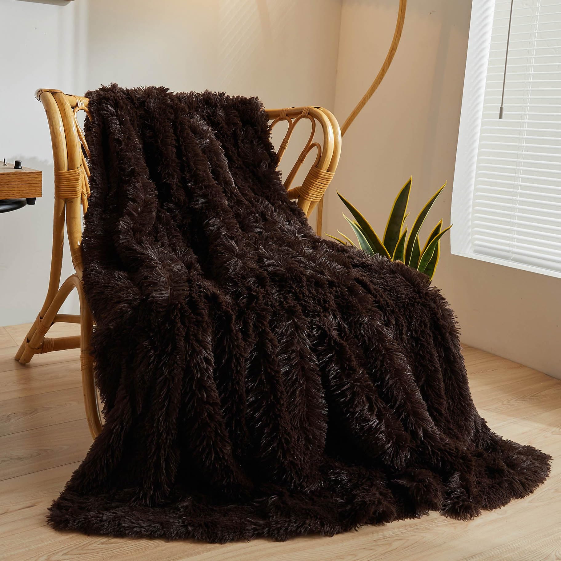 XeGe Luxury Faux Fur Throw, Brown Soft Fluffy Blanket Single, Shaggy Plush Decorative Couch Throw, Cute Furry Fuzzy Office Lap Blanket for Bedroom Living Room Dark Brown — image 1