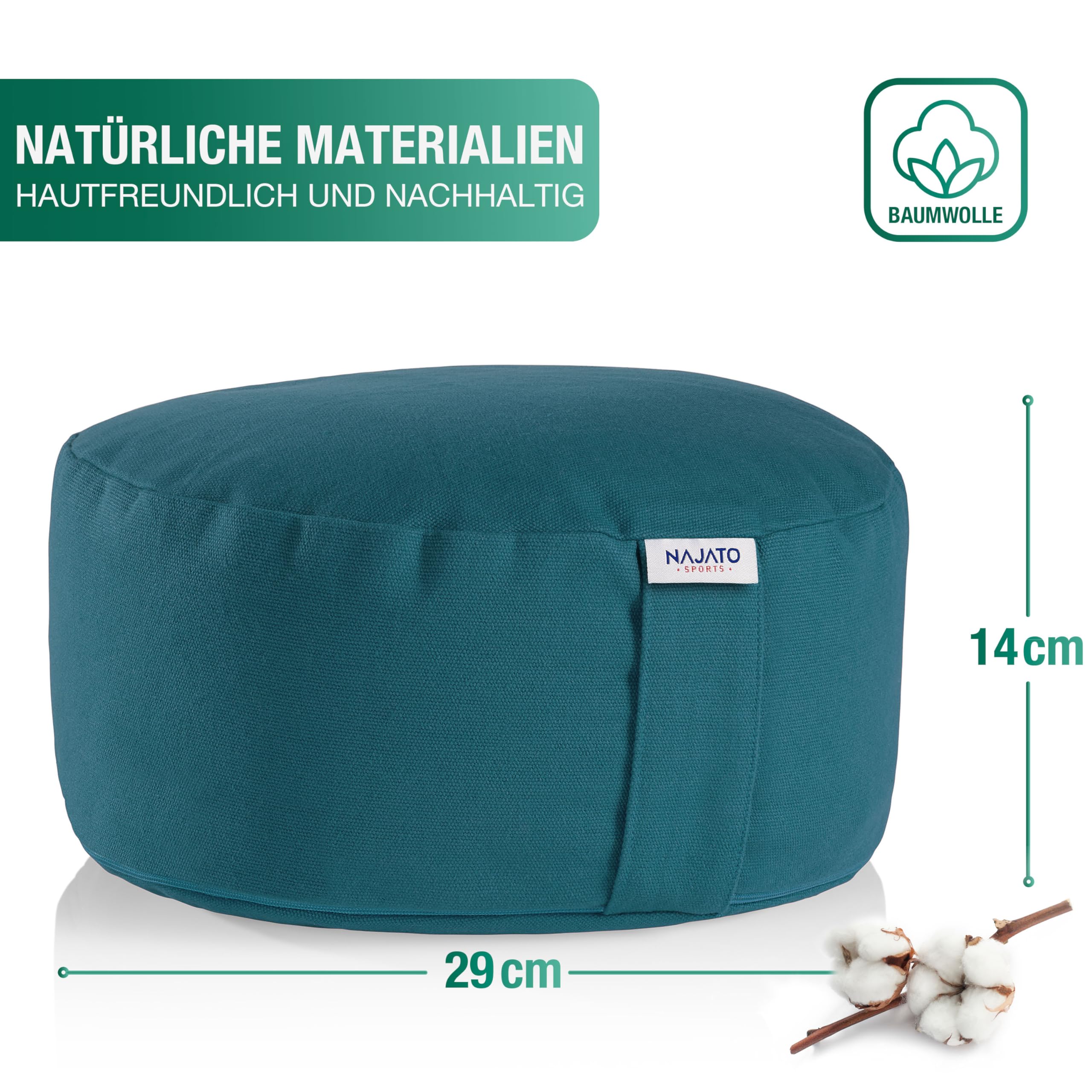 NAJATO Sports Meditationskissen – Mit Yogagurt & E-Book (PDF Datei) – Yogakissen mit Buchweizenschalen-Füllung – Rundes Yoga Kissen mit waschbarem Bezug aus Baumwolle