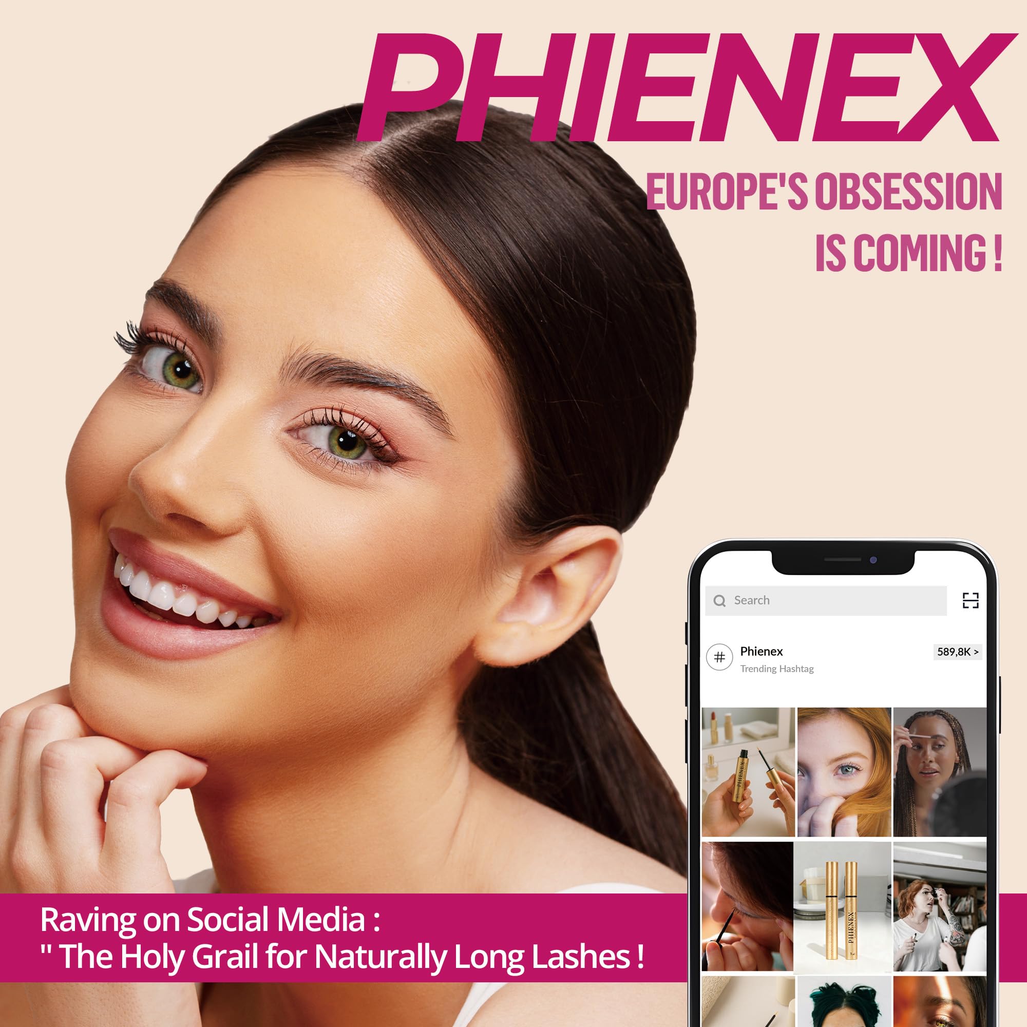 PHIENEX Serum do Rzęs, Formula Wzmacniająca na Dłuższe i Gęstsze Rzęsy oraz Brwi - Technologia US DermaCraft Labs z Botanicznym Kompleksem Peptydowym - 3ml (Różowy)