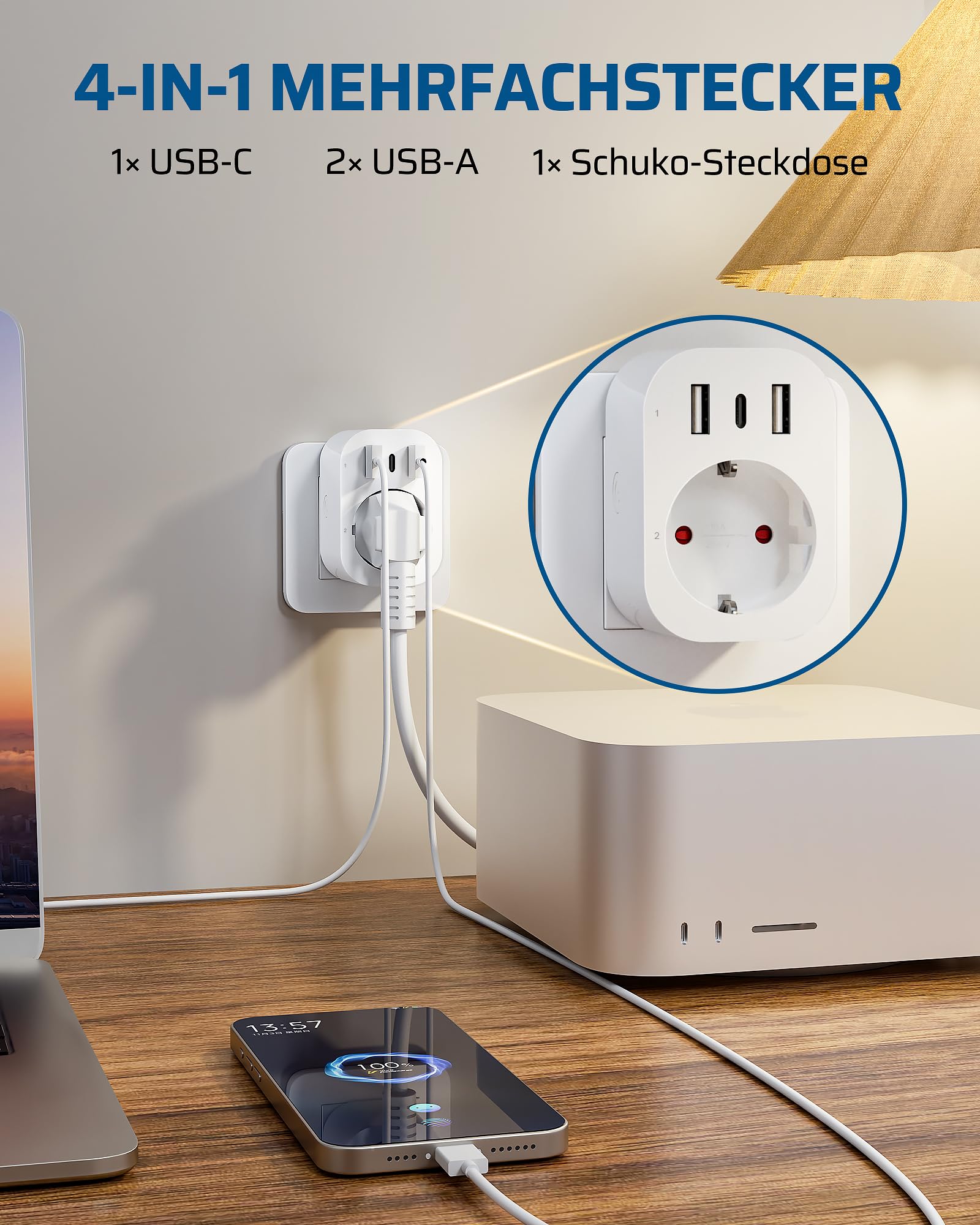 DEWENWILS Presa wireless 4 in 1 con telecomando e USB-A+C, 3680 W | Plug & Play, senza cablaggio, portata 30 m, ciabatta preprogrammata espandibile, bianco