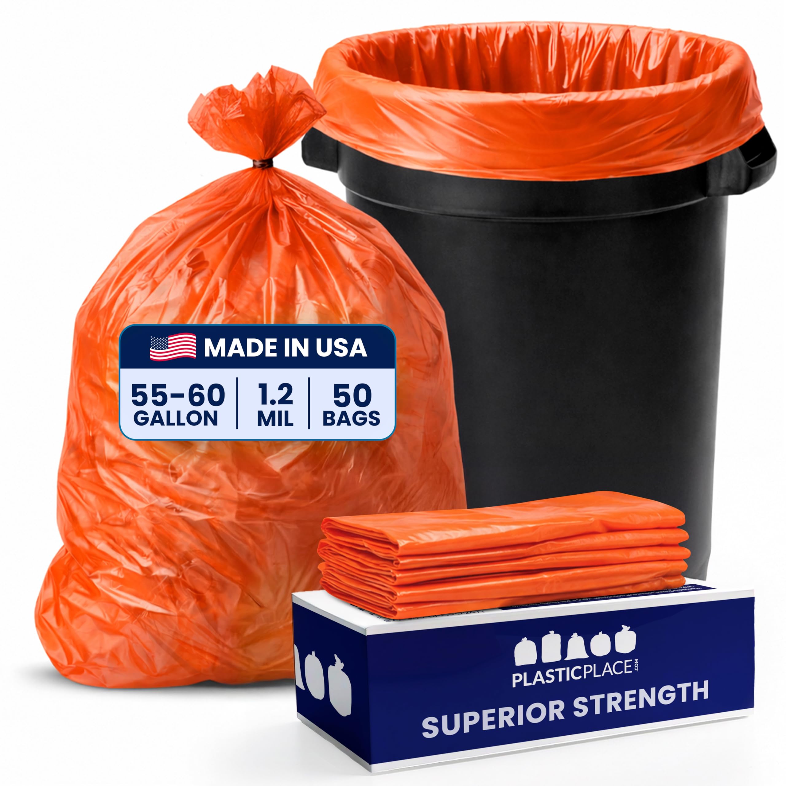 Plasticplace Bolsas de basura de 55 a 60 galones │ 1.2 mil │ Forros de basura resistentes naranjas │ 38 x 58 pulgadas (50 unidades)