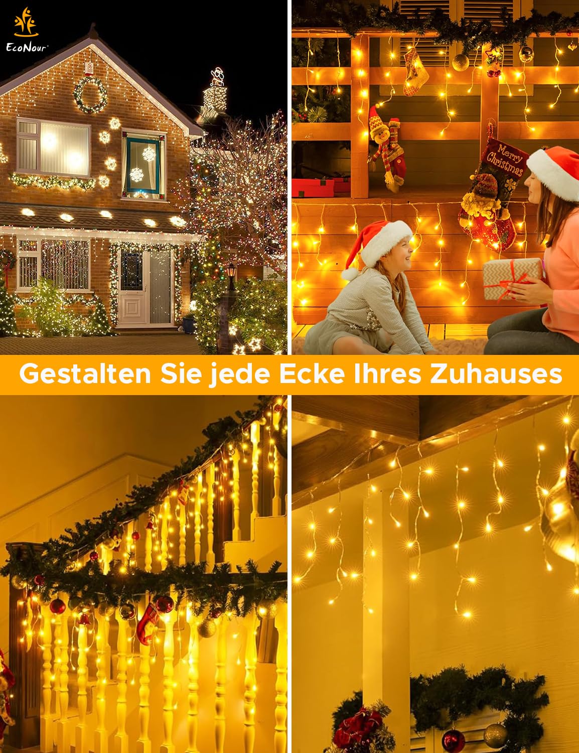 EcoNour Eiszapfen-Lichterkette für den Außenbereich, 2000 LEDs, 60 m, warmweiß, mit Timer für Weihnachten, Garten & Party | Netzbetriebenes, transparentes Kabel