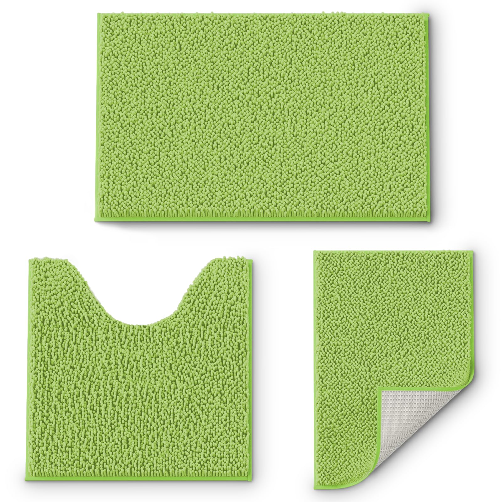 Bathroom Rug Mat Set 3 Piece, Chenille Bath Mat Set, Non-Slip Ultra Soft Carpet Mats, Absorbent with U-Shaped Toilet for Bathroom, Tub, Shower, Lime