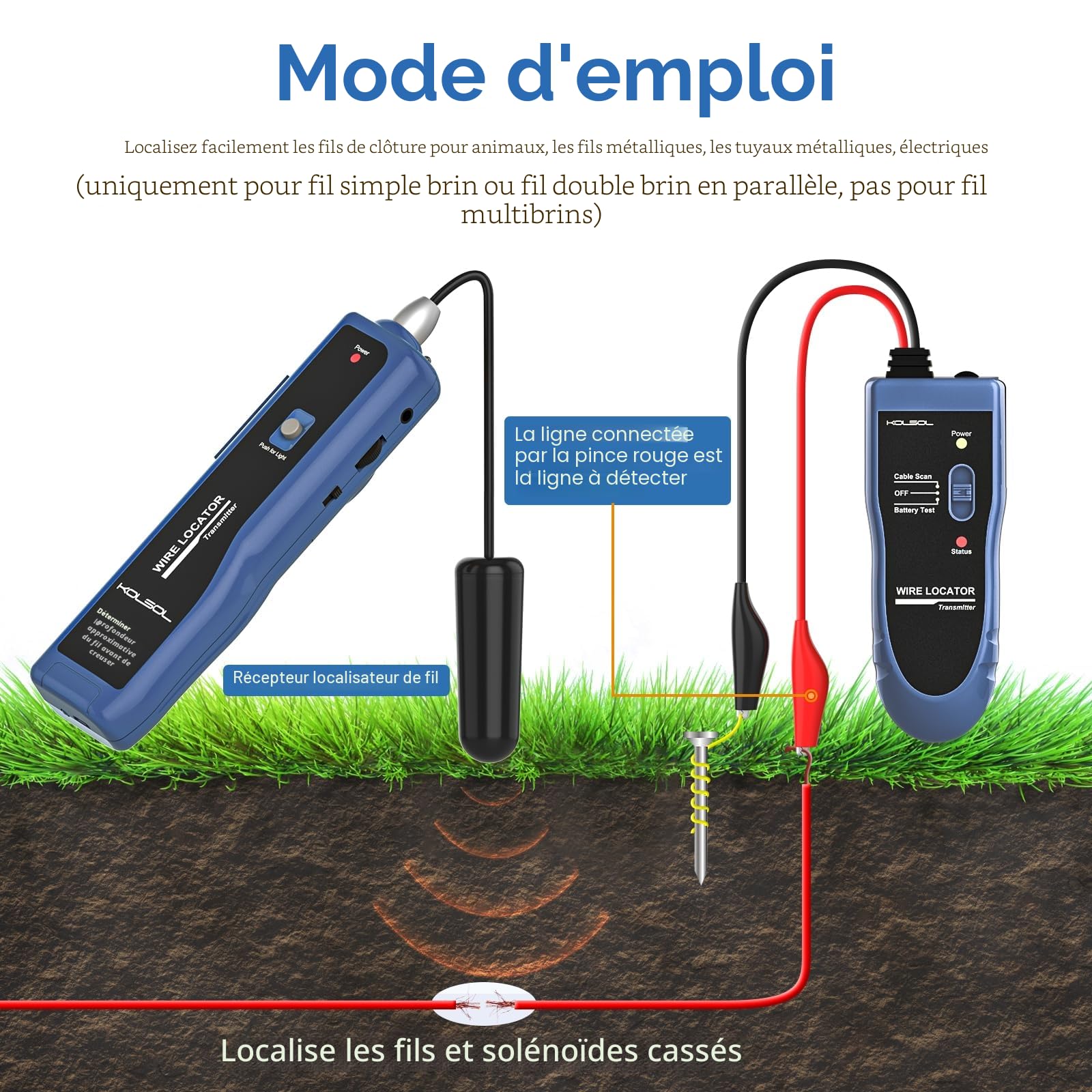 Détecteur de câbles souterrain, testeur de câbles F02 Pro pour localiser les fils et les fils de commande, fil de clôture pour animaux domestiques, équipé d'une batterie rechargeable 1100 mAh