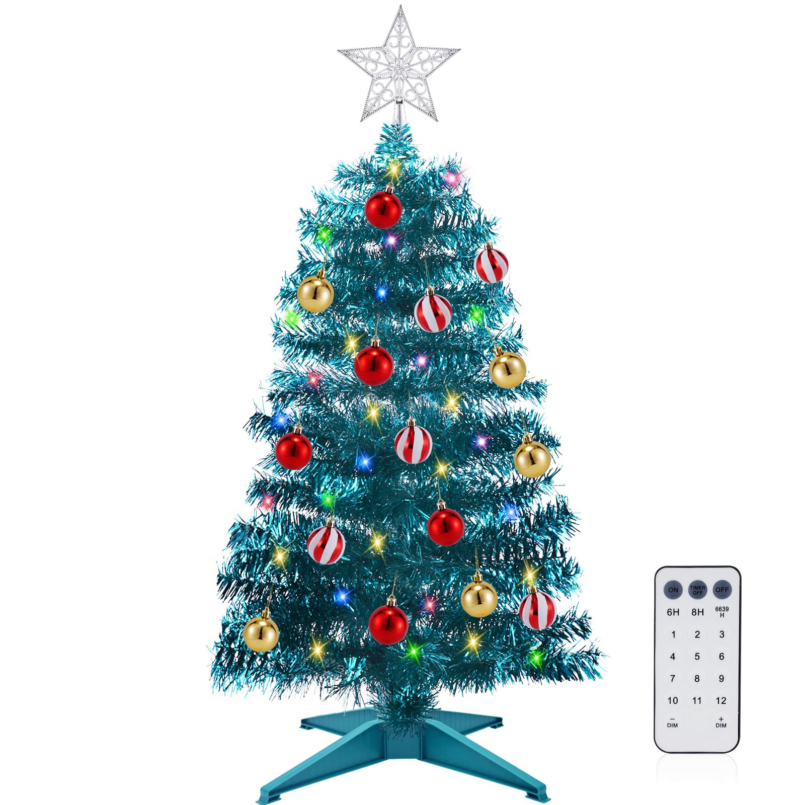 [ Timer & 12 Modes ] 3 Ft Blue Christmas Tree with DIY 50 Warm White & Multi Color Lights 15 Ball Ornaments 3D Star Remote Control Battery Operated Pencil Full Tree Xmas Christmas Decorations Table