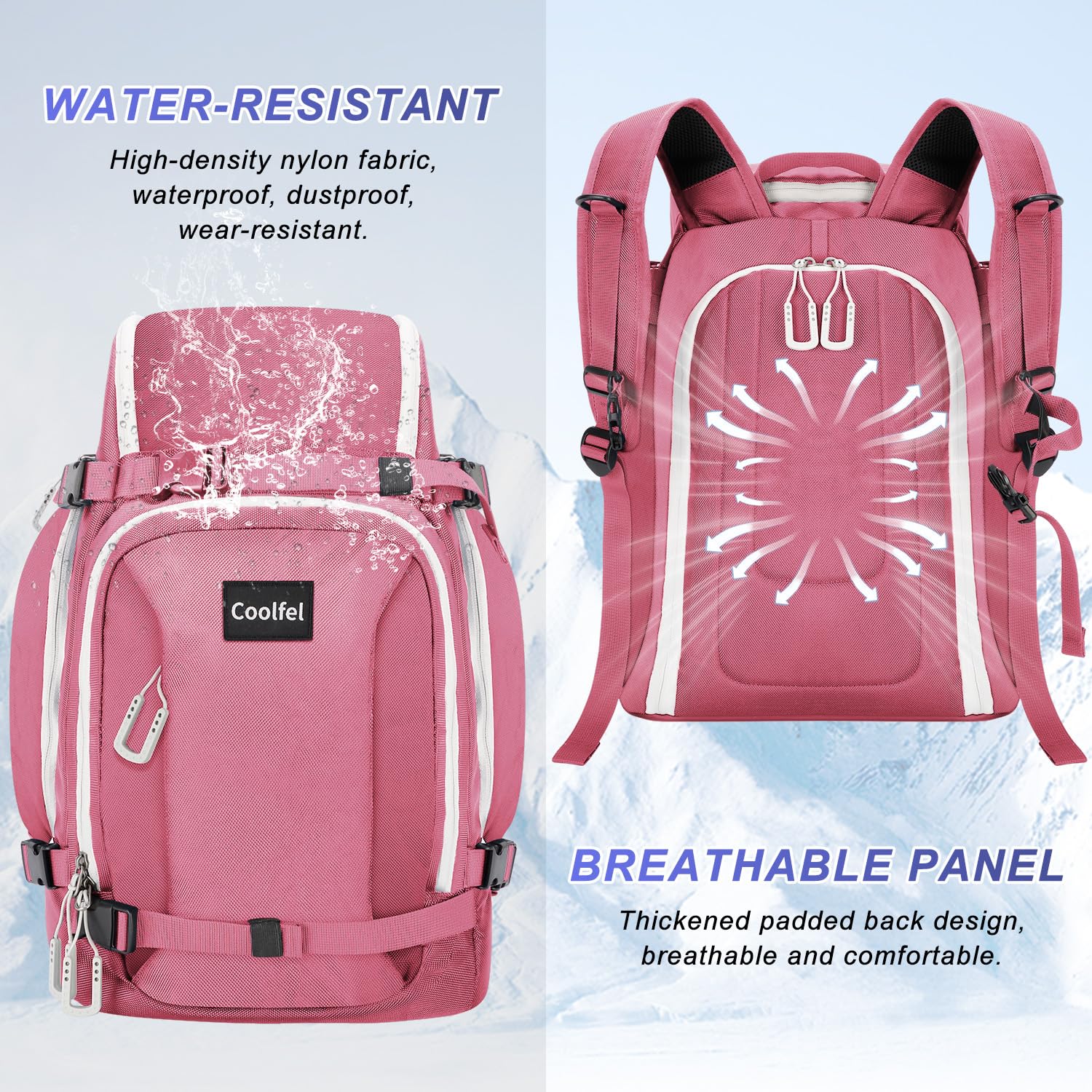 Coolfel Borsa per Scarponi da Sci con Scomparto per Casco, 50L Zaino da Sci Snowboard Pattini a Rotelle, Borsa da Sci Impermeabile per Casco, Giacca, Occhiali, Guanti